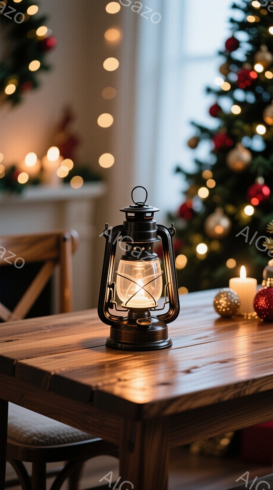 暖炉のそばにある木のテーブルの上には、アンティーク風のランタンが置かれています。背景にはぼやけたクリスマスツリーと、温かい光を放つキャンドルが見え、お祝いの雰囲気を醸し出しています。 全体的に温かく、穏やかなクリスマスの夜を連想させる、心安らぐ光景です。