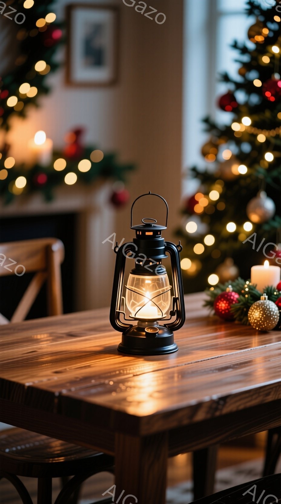 暖炉とクリスマスツリーが背景に見える木製のテーブルの上に、黒いランタンが置かれている。ランタンからは温かい光が灯り、テーブルの表面に反射して、落ち着いた雰囲気を醸し出している。背景には、ぼやけたクリスマスツリーの飾りと暖炉の明かりが、温かく静かな冬の夜の雰囲気を演出している。
