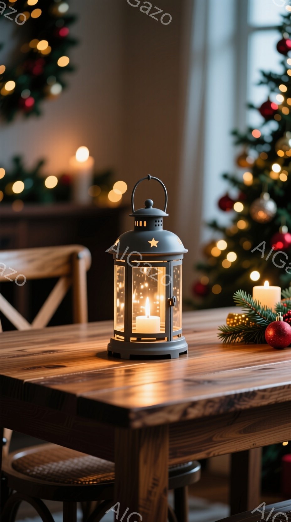 暖炉の光が差し込む木製のダイニングテーブルの上には、灰色のランタンが置かれ、中にキャンドルが灯っています。テーブルの周りには椅子が並び、背景にはクリスマスツリーと装飾がぼんやりと見えます。全体的に、暖かく穏やかなクリスマスの雰囲気を感じさせる一枚です。