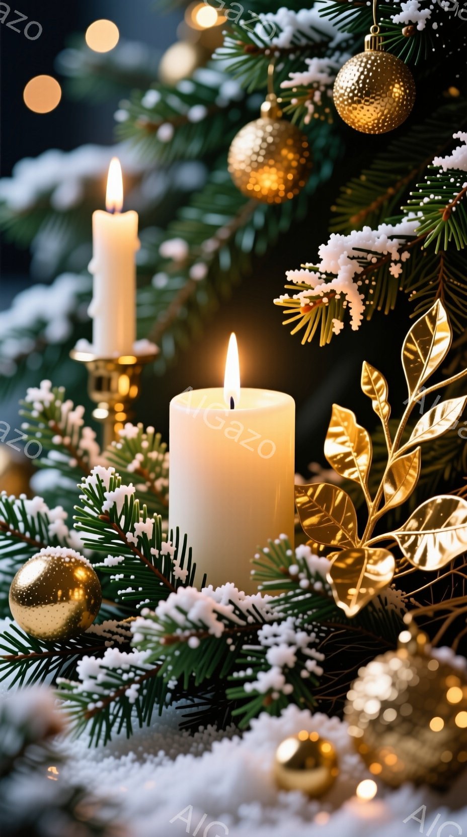 白い柱状のキャンドルが2本、緑のモミの枝と金色のオーナメントに囲まれて配置されている。キャンドルは暖かく、金色の装飾と雪が積もった枝が、華やかで冬の雰囲気を醸し出している。背景は暗く、ぼやけた光が幻想的な雰囲気を高めている。