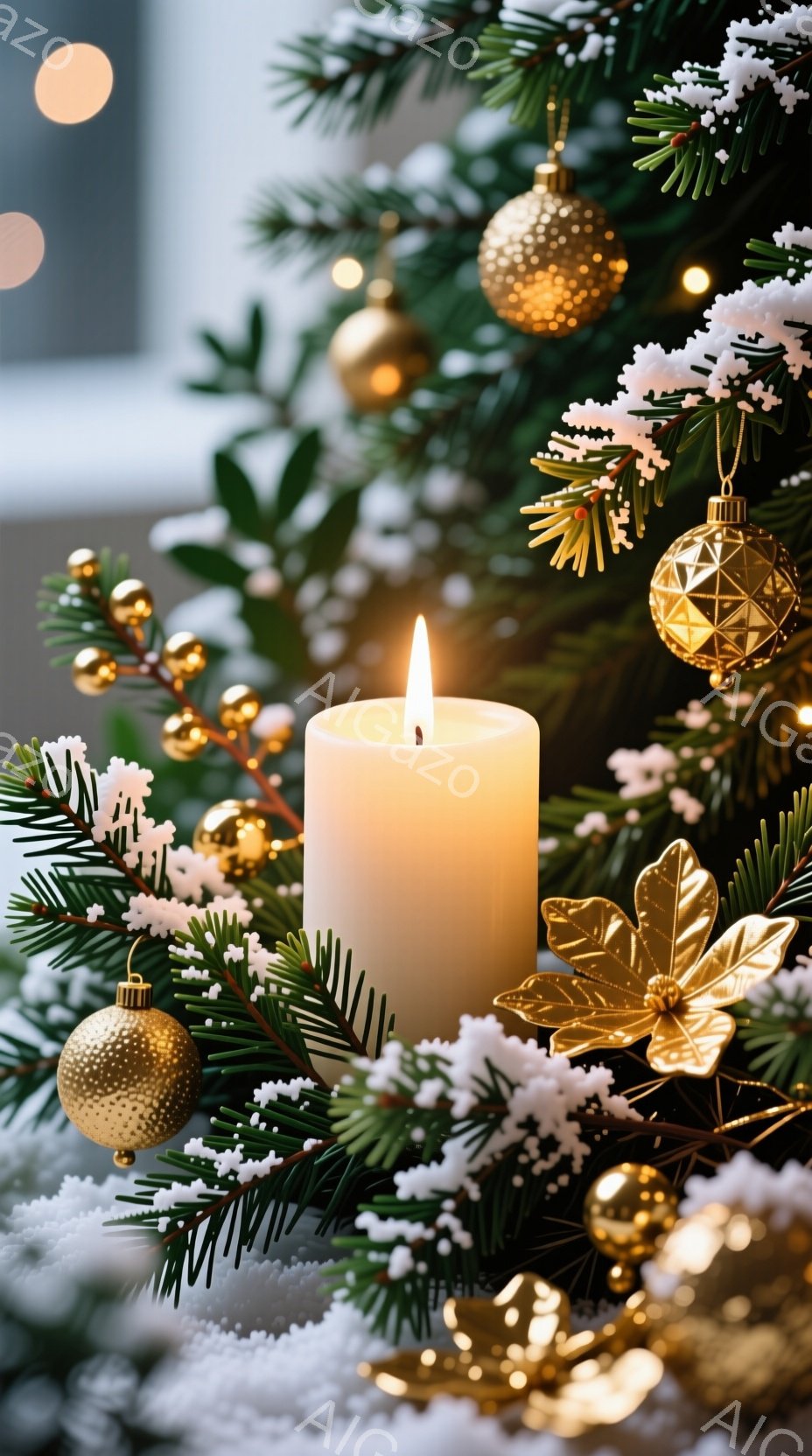 鮮やかな緑のモミの枝が密集し、金色のオーナメントや繊細な白い雪で飾られています。中央には白く光るキャンドルが置かれ、その炎が温かい光を放っています。背景はぼやけており、クリスマスや冬の穏やかな祭りの雰囲気を醸し出しています。