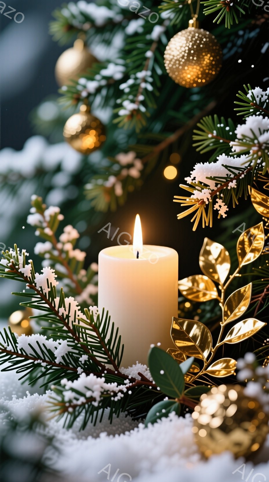 白い柱状のキャンドルが、雪をまとった常緑樹の枝や金色の装飾に囲まれています。背景は暗く、キャンドルの温かい光が、冬の静寂と祝祭の雰囲気を醸し出しています。金の葉や光の玉が、キャンドルの光を反射し、華やかさを添えています。