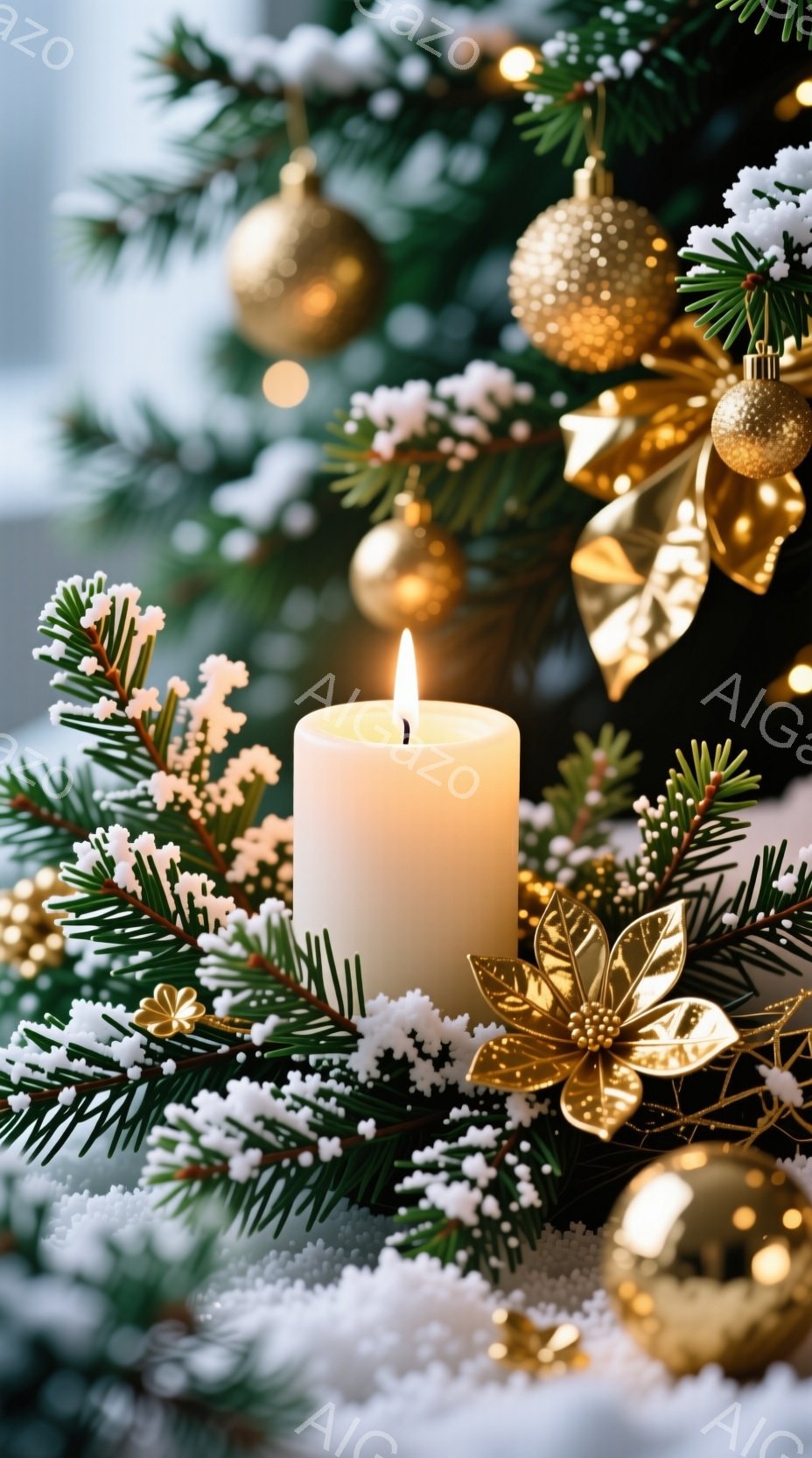 白いキャンドルが、クリスマスの飾り付けと共に配置されています。緑の葉や金色のオーナメント、そして雪が降り積もったような白い装飾が、キャンドルの周りを彩り、温かく幻想的な雰囲気を醸し出しています。背景はぼやけており、キャンドルと装飾が際立つように工夫されています。