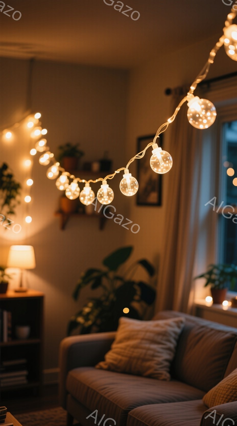 室内は温かい光で満たされ、ソファーと観葉植物が並んでいます。天井からは電球が連なったライトが吊り下げられ、柔らかい光が部屋全体に広がっています。落ち着いたトーンのインテリアは、リラックスできる、居心地の良い雰囲気を醸し出しています。