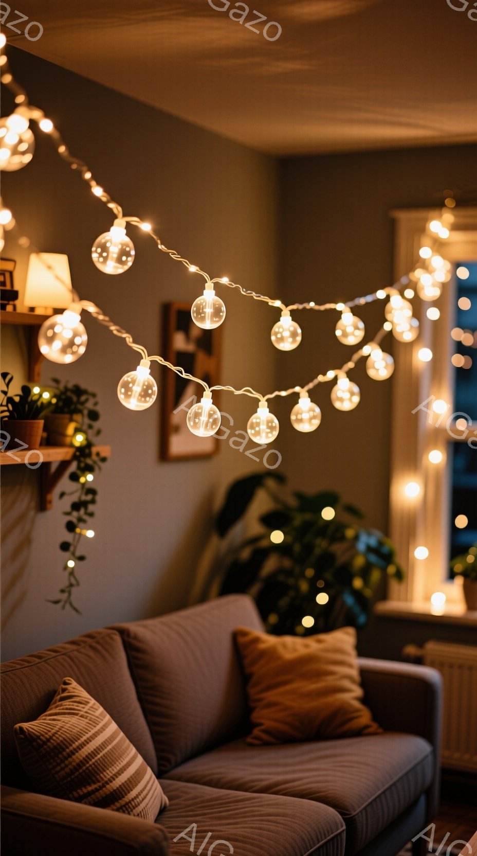 暖炉のそばのソファに、暖かい色のクッションが置かれています。壁には植物が飾られ、天井からは電飾が光り、部屋全体が温かく落ち着いた雰囲気を醸し出しています。窓からはぼんやりとした街の明かりが見え、静かでリラックスできる空間を演出しています。