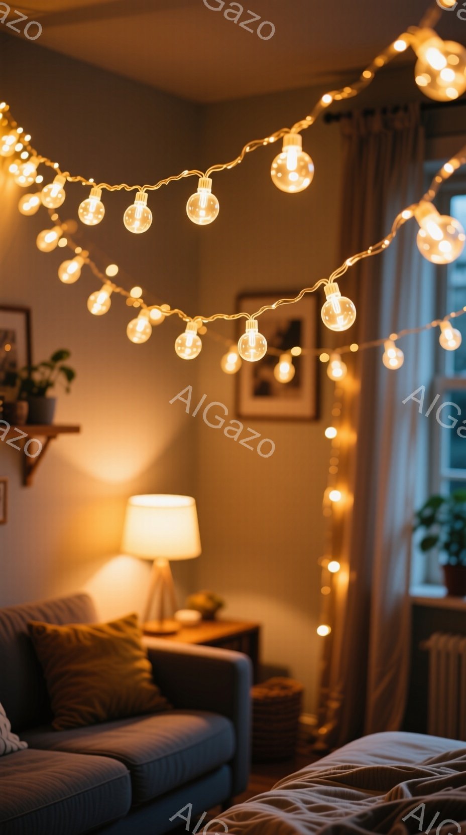暖炉のような温かい光が部屋全体を包み込み、居心地の良い雰囲気を醸し出しています。ソファーやサイドテーブル、植物などが配置されたリビングルームで、壁には装飾的なライトが飾られ、リラックスした空間を作り出しています。全体的に落ち着いた色調と柔らかな光が、穏やかで安らぎのある情景を演出しています。