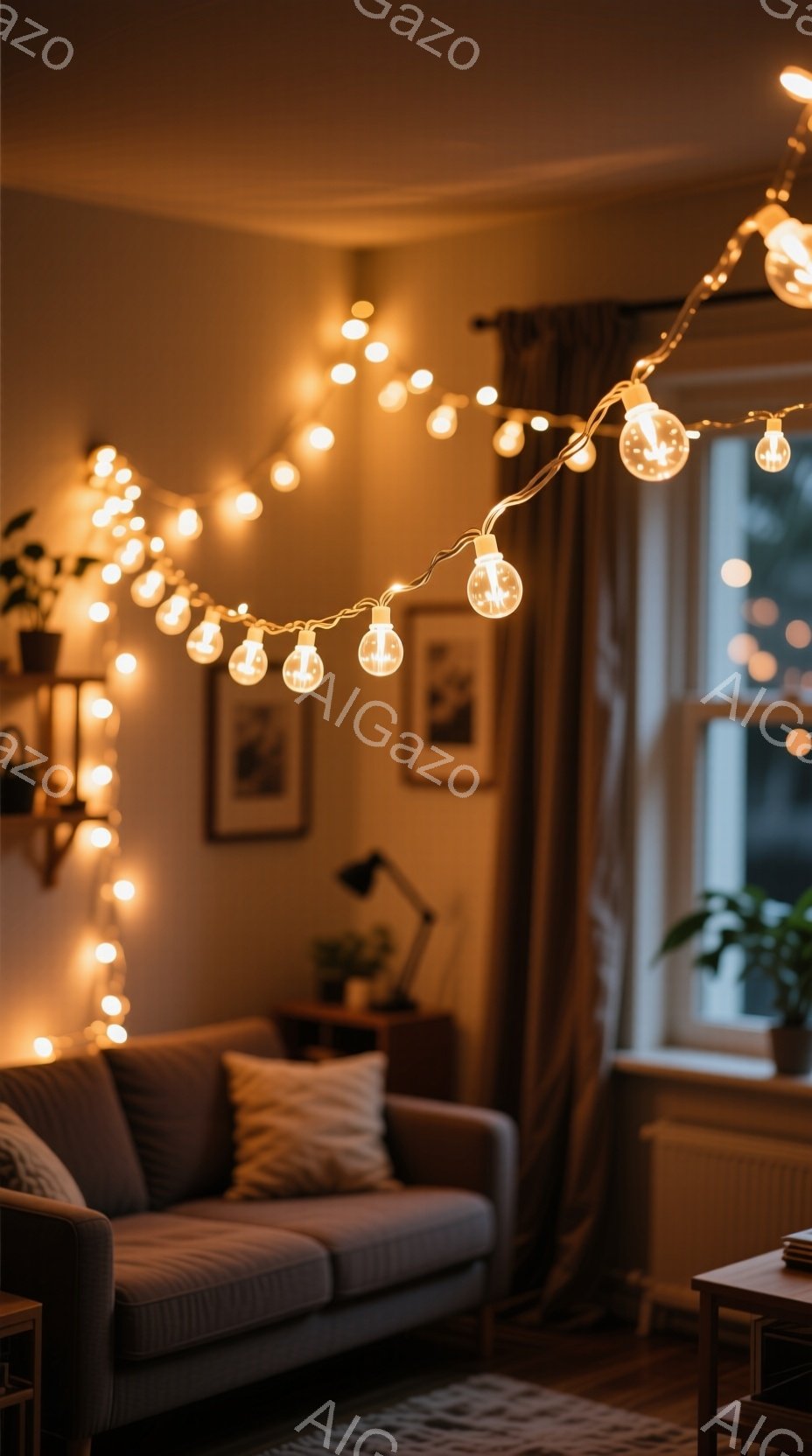 暖炉の火のような温かい光が、部屋全体を優しく包み込んでいる。窓辺には、可愛らしい電球ライトが飾られ、その光はソファーや壁に飾られた絵画を照らし出している。暖色系の色調が中心で、居心地が良く、リラックスした雰囲気が漂う部屋である。