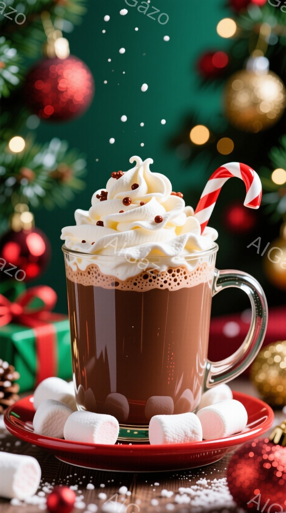 ホットココアが赤いソーサーに乗せられ、マシュマロとホイップクリームがトッピングされています。背景にはクリスマスツリーやプレゼント、そして雪が舞う様子が見え、温かく、お祝いムードに満ちた雰囲気が漂っています。木製のテーブルがホットココアを支え、全体的にクリスマスの喜びと快適さを感じさせる構図です。