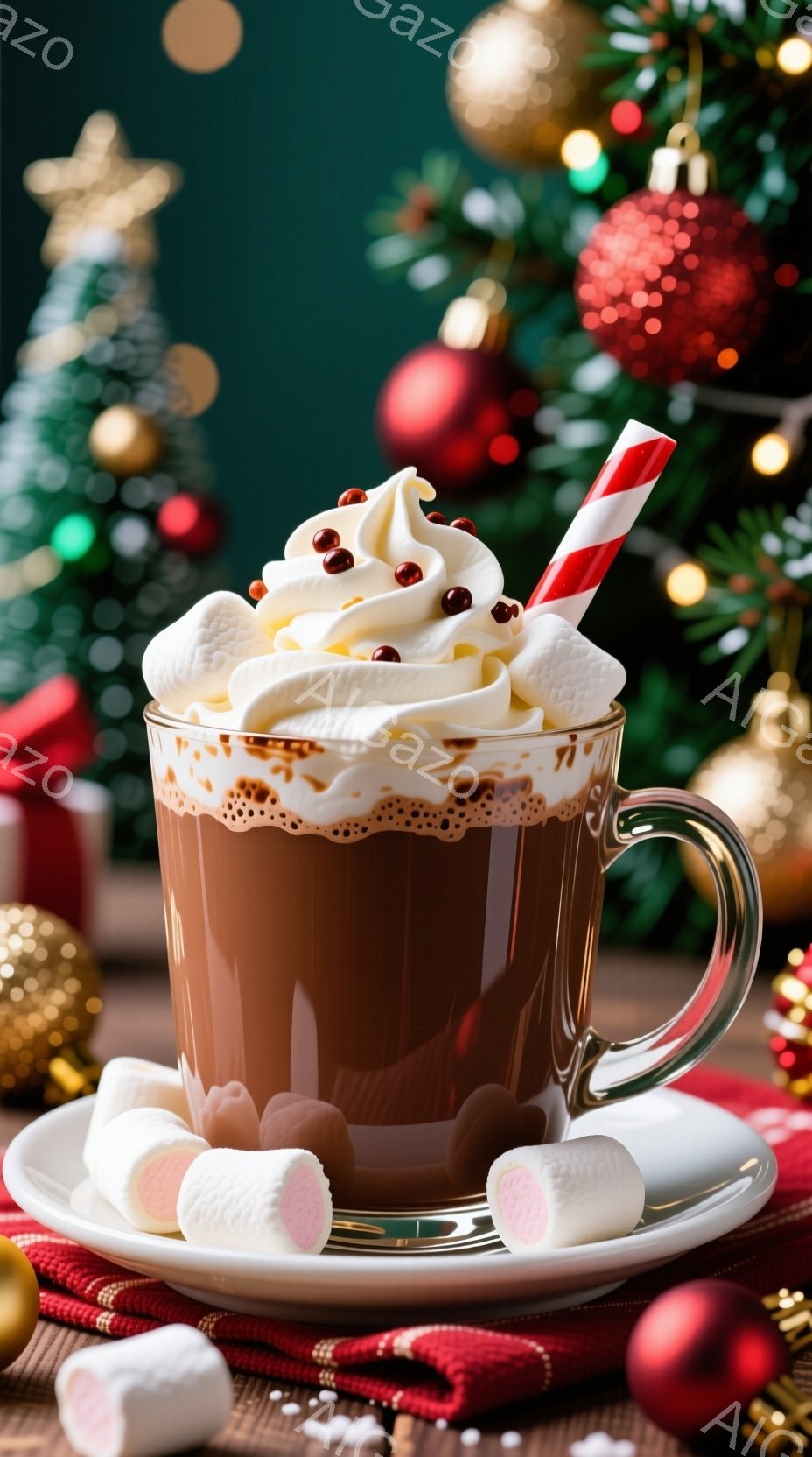 チョコレートドリンクがガラスのカップに入り、ホイップクリームと赤い縞模様のキャンディケーン、そしてマシュマロで飾られています。背景には、クリスマスツリーや赤いオーナメントがぼやけ、温かみのあるホリデースタイルの雰囲気を作り出しています。赤いテーブルクロスの上にはマシュマロが散らばり、全体的に甘くて心地よい雰囲気を醸し出しています。