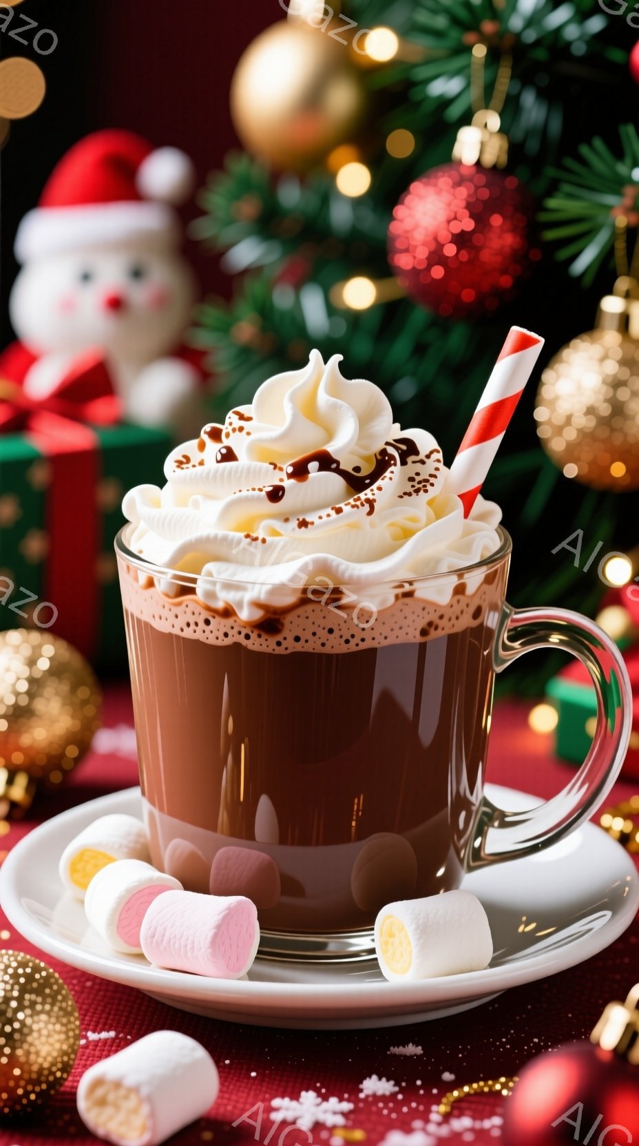 暖炉の赤い布の上に、ホットチョコレートが乗った透明なカップとソーサーが置かれています。クリームとチョコレートソースがトッピングされ、マシュマロが添えられています。背景には、クリスマスツリー、オーナメント、サンタクロースの置物が写っており、クリスマスの温かく心地よい雰囲気が漂っています。