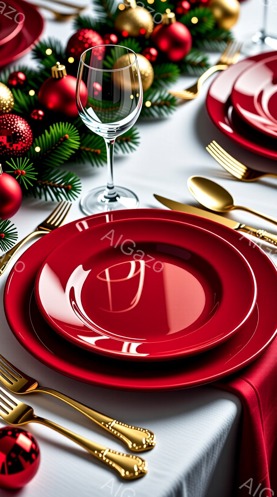 クリスマスディナーのテーブルセッティングが写っている。深紅色の皿が重ねられ、金色のカトラリーとクリスマスの飾り、松の枝が並べられている。背景は白く、ホリデーシーズンの華やかさと洗練された雰囲気が漂っている。