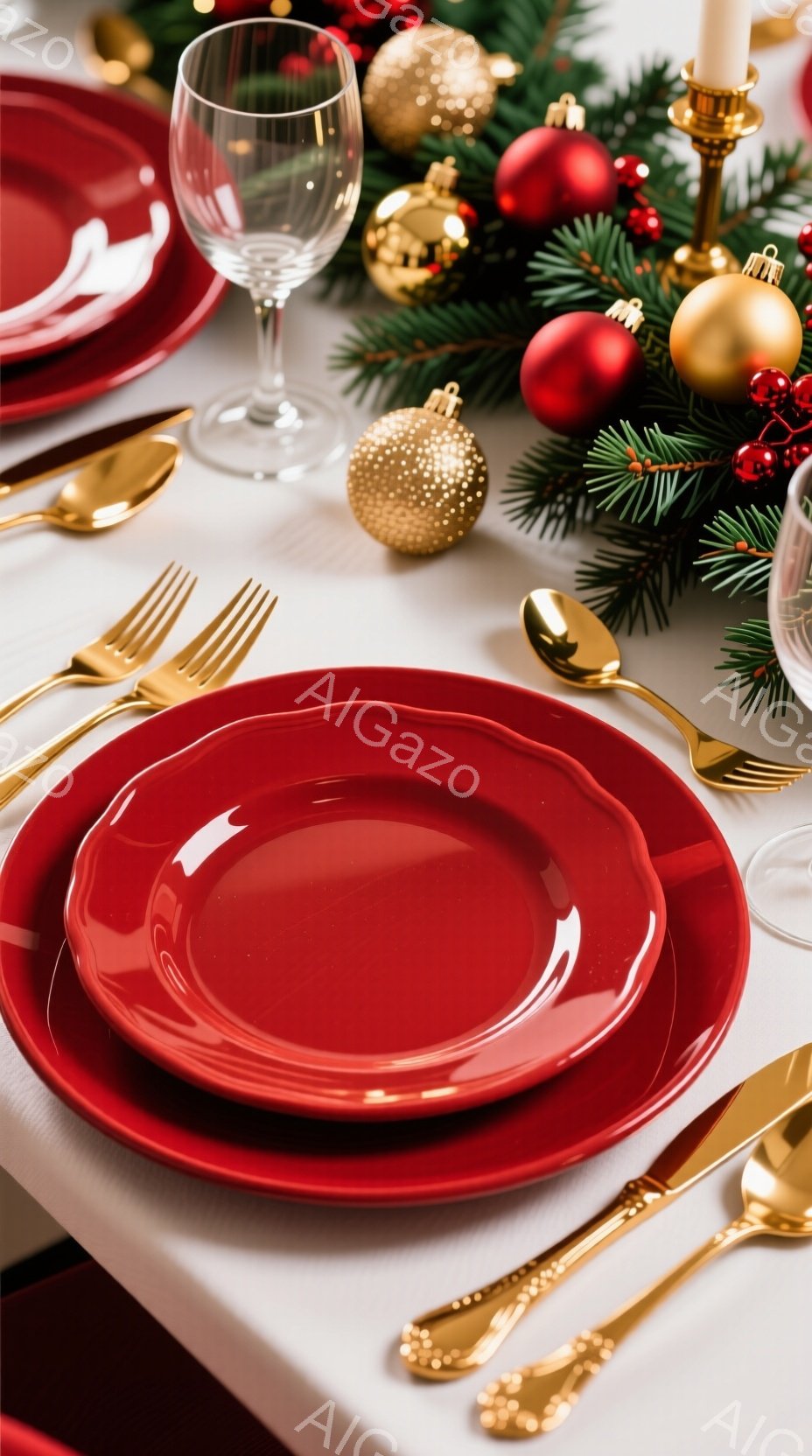白いテーブルクロスの上に、赤いお皿が重ねられて置かれています。金色のカトラリーやグラスが配置され、背景にはクリスマスツリーの枝やオーナメントが飾られています。全体的に華やかで、クリスマスの食卓を連想させる、温かい雰囲気です。