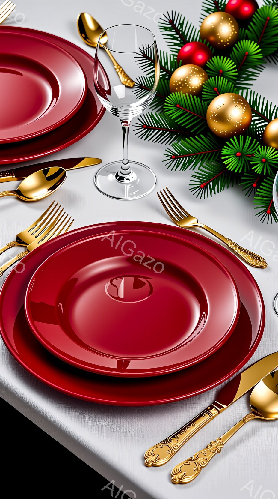 鮮やかな赤い皿が重ねられ、金色のカトラリーが配置された、クリスマスのテーブルセッティングです。背景には、クリスマスツリーの枝と金色のオーナメントが飾り付けられ、華やかな雰囲気を醸し出しています。全体的に、洗練された上品なクリスマスディナーの準備が感じられます。