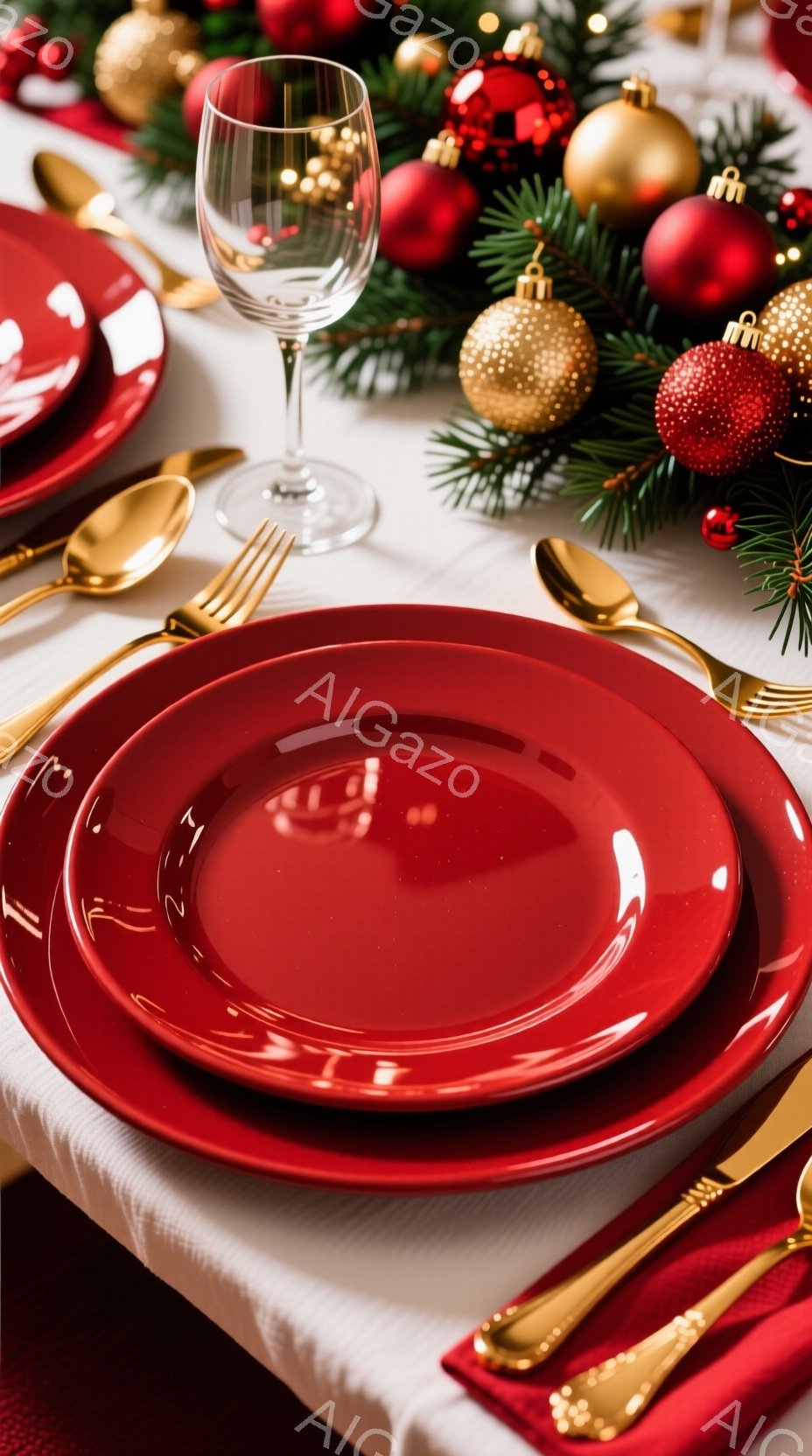 真っ赤なディナープレートが重ねられて配置され、ゴールドの食器と調和しています。背景には、クリスマスツリーの枝とキラキラと輝くオーナメントが散りばめられ、華やかなクリスマスディナーのテーブルセッティングを思わせます。白のテーブルクロスとゴールドの食器のコントラストが、上品で特別な雰囲気を醸し出しています。