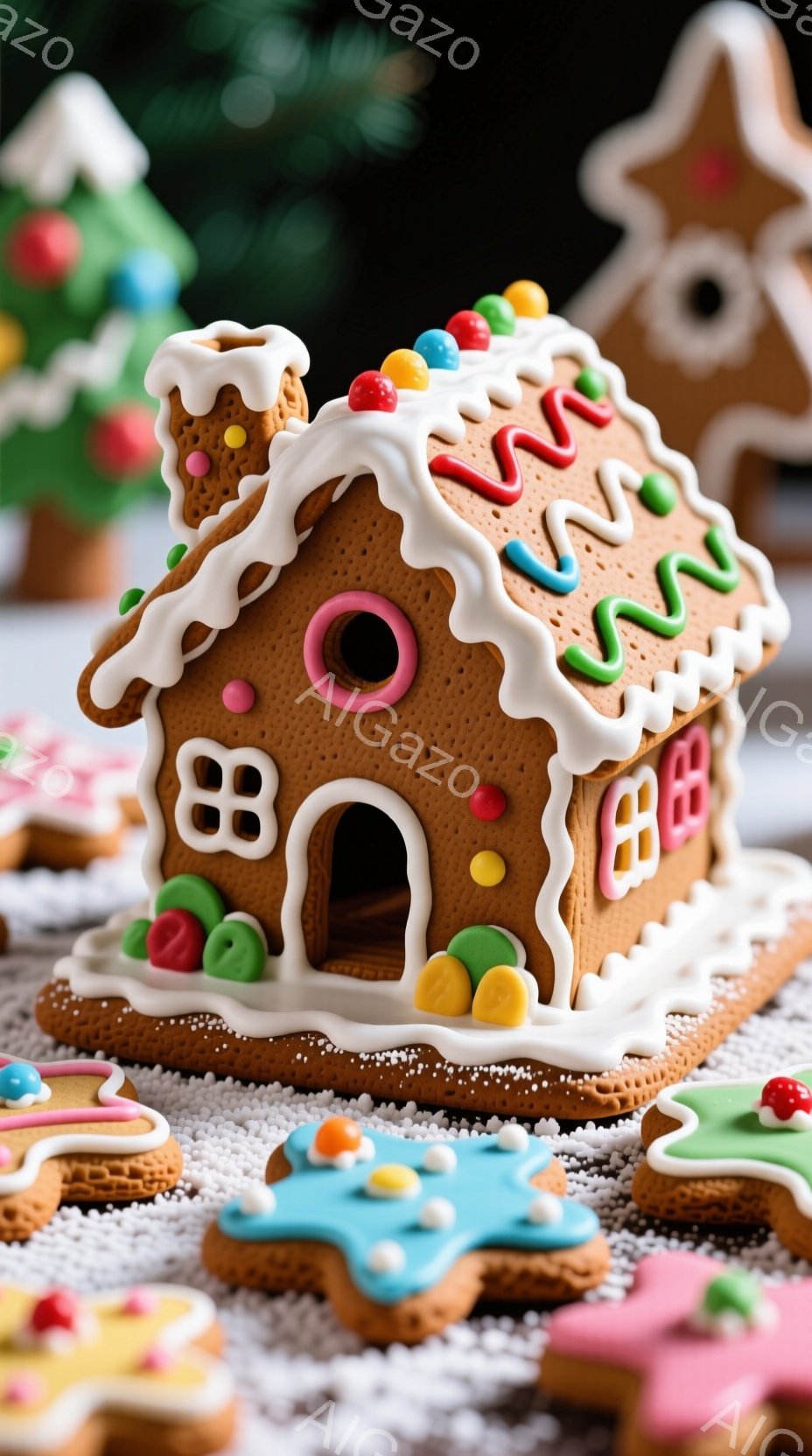 ジンジャーブレッドで作られた可愛らしい家が、雪のような白い砂糖の敷かれたテーブルの上に置かれています。家の周りには、カラフルなアイシングで飾られた様々な形のジンジャーブレッドクッキーが散りばめられており、クリスマスの楽しい雰囲気を醸し出しています。背景にはぼんやりとクリスマスツリーが見え、全体的に温かく、お祝いムードに包まれています。