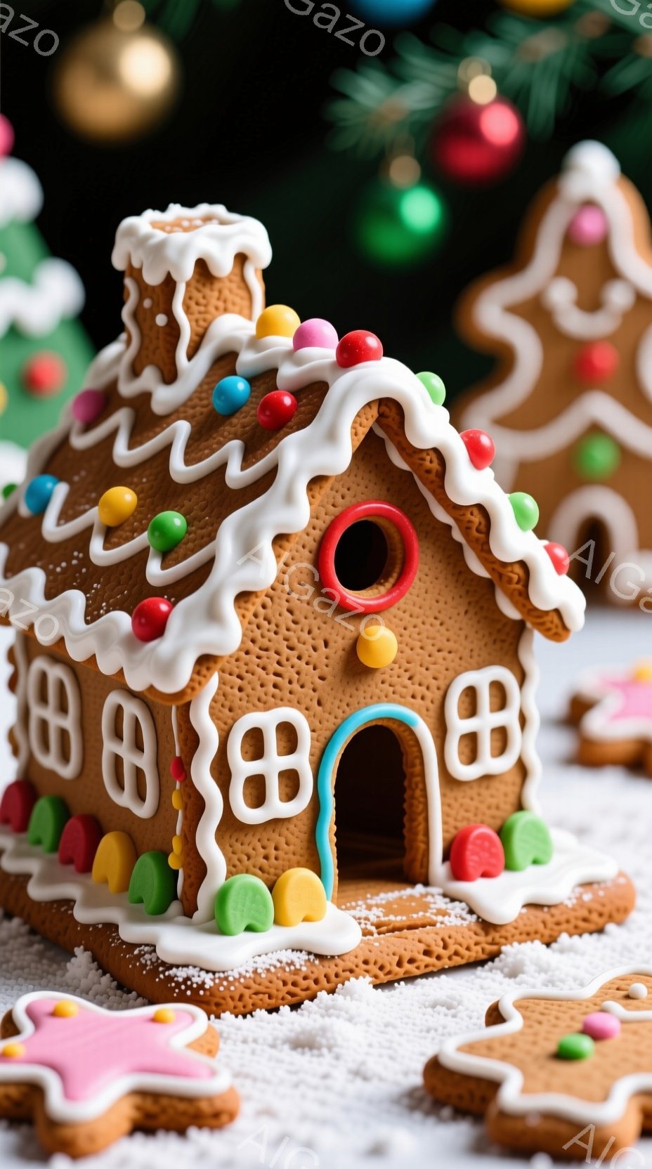 鮮やかな色のカラフルなキャンディーで飾られた、可愛らしいジンジャーブレッドハウスが中央に配置されています。雪のような砂糖が散りばめられた台の上に、同じように装飾されたクッキーがいくつか置かれています。 - AI生成フリー素材