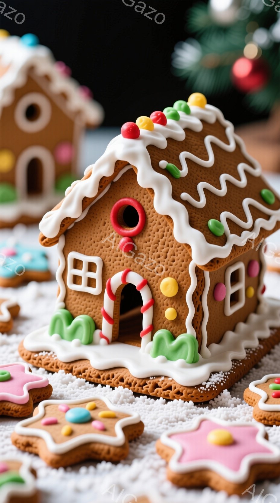暖炉のように見えるクッキーで作られた、装飾されたジンジャーブレッドハウスが中央に配置されています。屋根にはカラフルなキャンディーが飾られ、アイシングで縁取られた窓やドアが可愛らしい印象を与えます。周りには星形やハート形のクッキーが散りばめられ、雪のような白い砂糖が敷かれた背景が、暖かく、お祝いの雰囲気を醸し出しています。