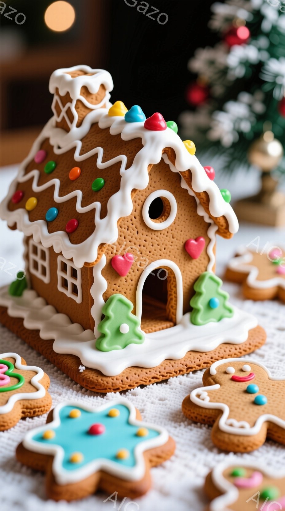 ジンジャーブレッドで作られた可愛らしい家が中央にあり、屋根にはカラフルなキャンディが飾られています。家の周りには、ジンジャーブレッドで作られた小さな人形や星形のクッキーが散りばめられており、全体的に温かく、お祝いの雰囲気を醸し出しています。背景はぼかされており、クリスマスの飾り付けの一部がわずかに見え、冬の季節感を強調しています。