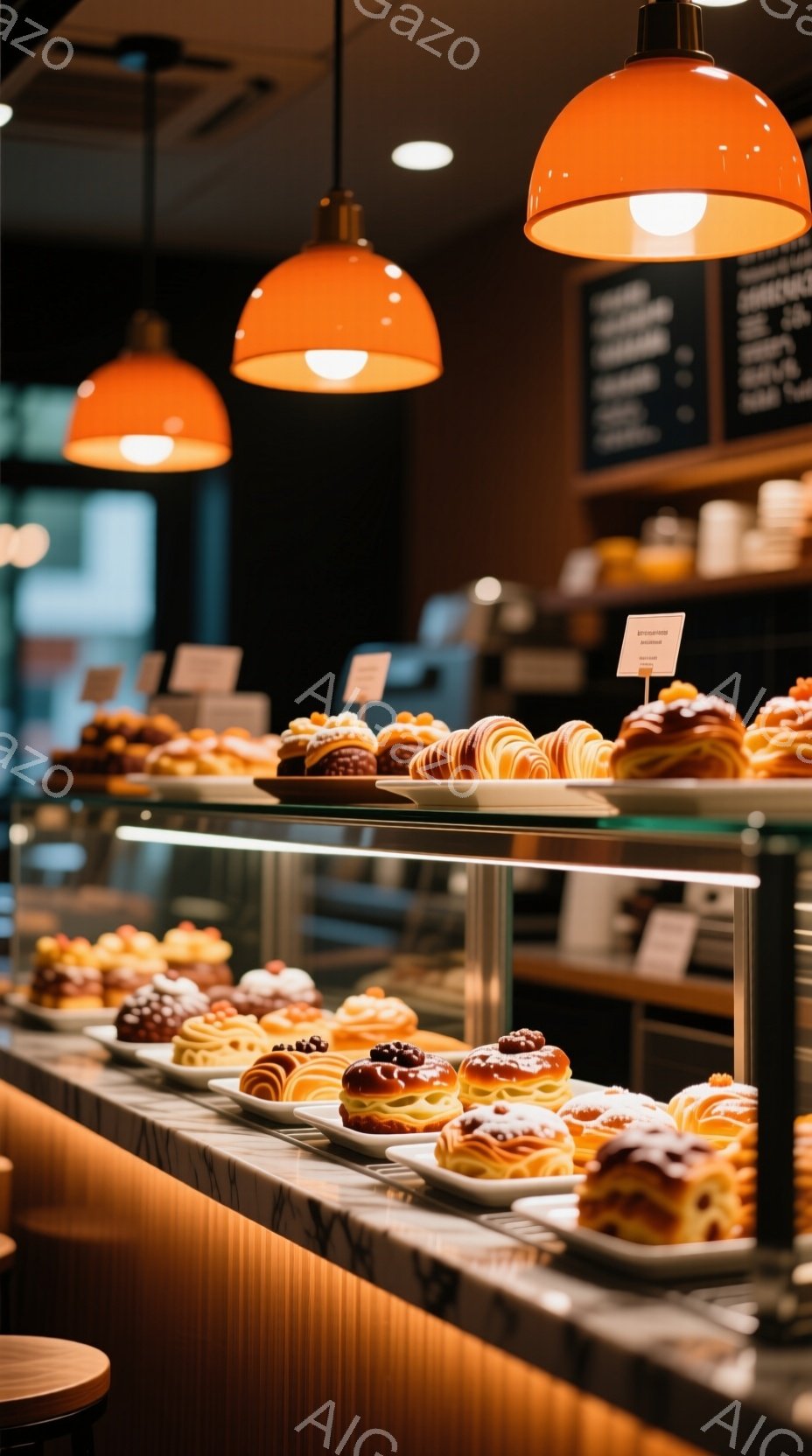 店内のショーケースには、様々な種類の焼き菓子が整然と並べられています。オレンジ色の照明が焼き菓子の温かみを引き立て、ショーケースの下の木製のカウンターが落ち着いた雰囲気を醸し出しています。背景には黒板があり、メニューが書かれているのがわずかに見え、全体として上品で居心地の良いベーカリーの風景です。