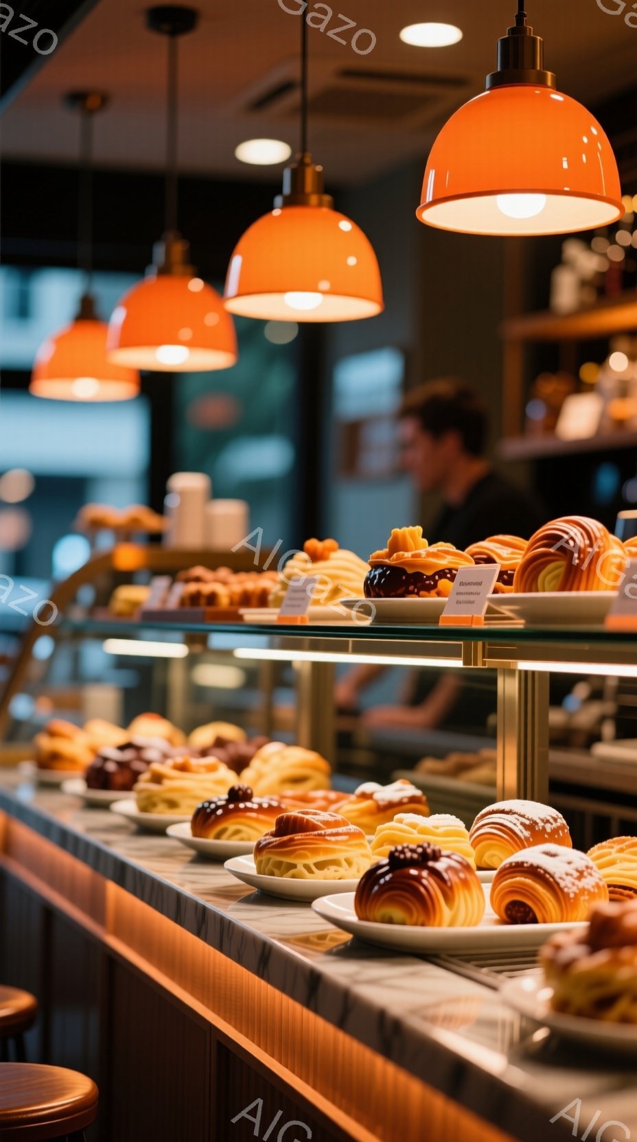 暖色系の照明が照らすパン屋のショーケースには、様々な種類のクロワッサンやペストリーが並べられています。背景には、ぼんやりと人の姿が見え、カウンターとスツールが配置されています。全体的に温かく、美味しそうな雰囲気が漂う、日常的な光景です。