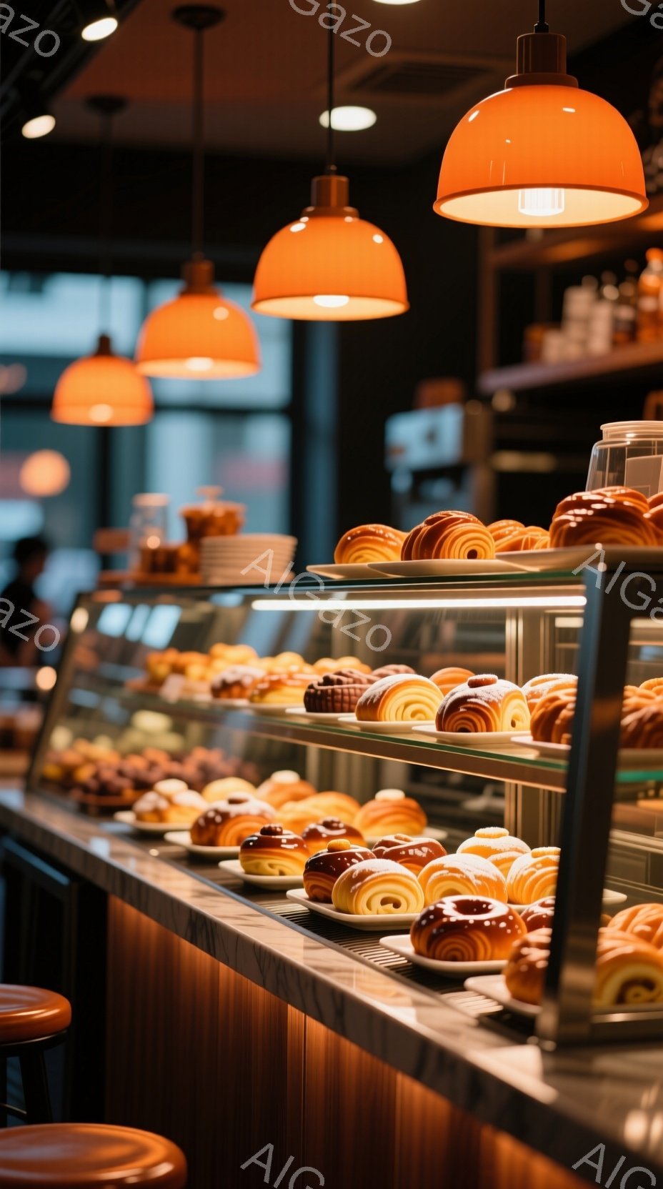 店内には、様々な種類の焼き菓子が並んだショーケースが映っている。温かい光がショーケースを照らし、焼き菓子の色合いをより一層引き立てている。背景には木製のカウンターと、オレンジ色の照明が並び、落ち着いた雰囲気のカフェやパン屋であることがわかる。
