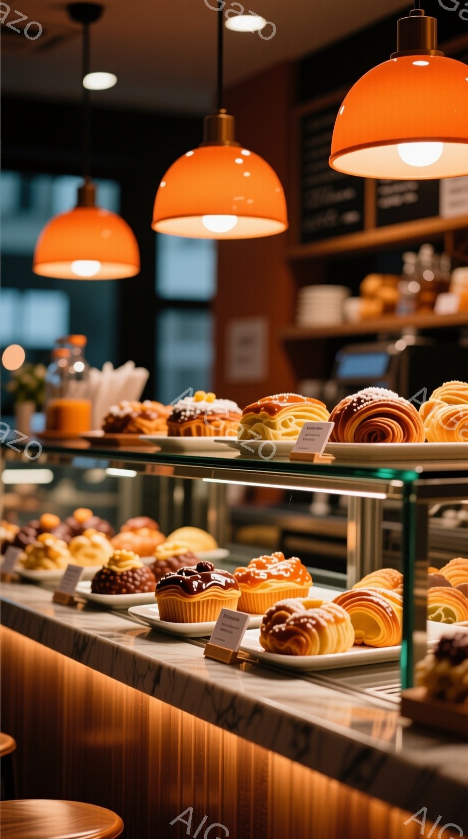 店内には、様々な焼き菓子が並んだショーケースが写っています。クロワッサンやデニッシュなど、美味しそうなパンが白皿に並べられ、それぞれの種類を示す小さなラベルが付いています。背景には木製のカウンターと、オレンジ色のペンダントライトが暖かく照らし、落ち着いた雰囲気のカフェやパン屋であることが伺えます。