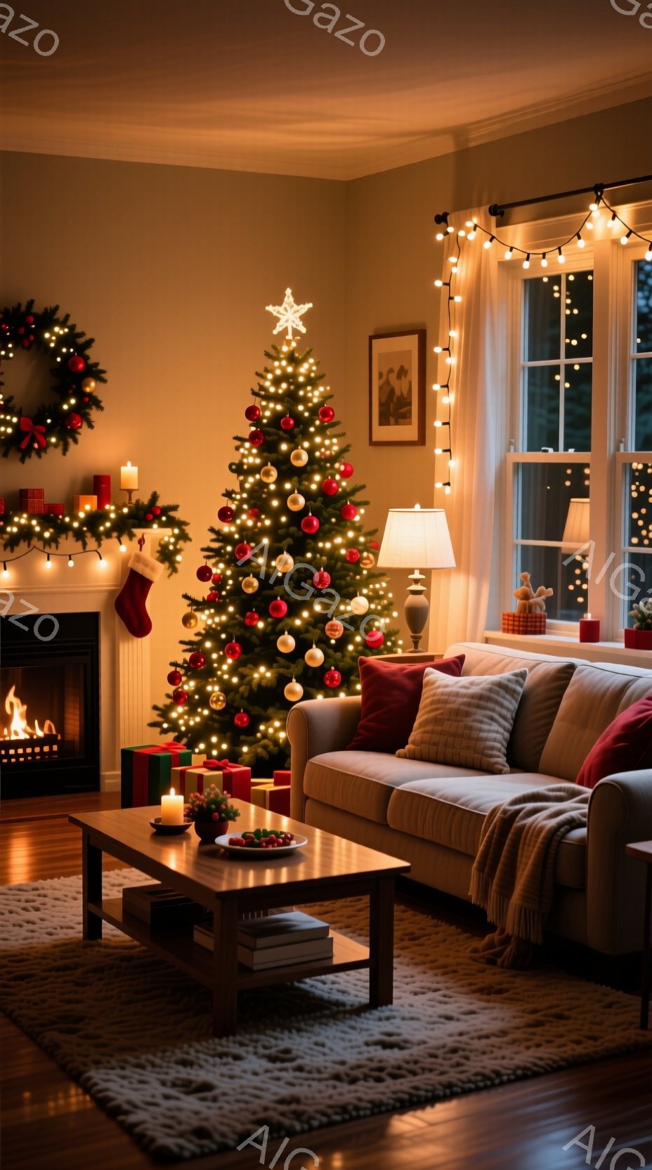 暖炉のあるリビングルームには、装飾されたクリスマスツリーが飾られています。白いソファには赤いクッションと毛布が置かれ、暖かく居心地の良い雰囲気を醸し出しています。窓からは夜景が見え、部屋全体が温かい光で満たされ、クリスマスの落ち着いた雰囲気を演出しています。