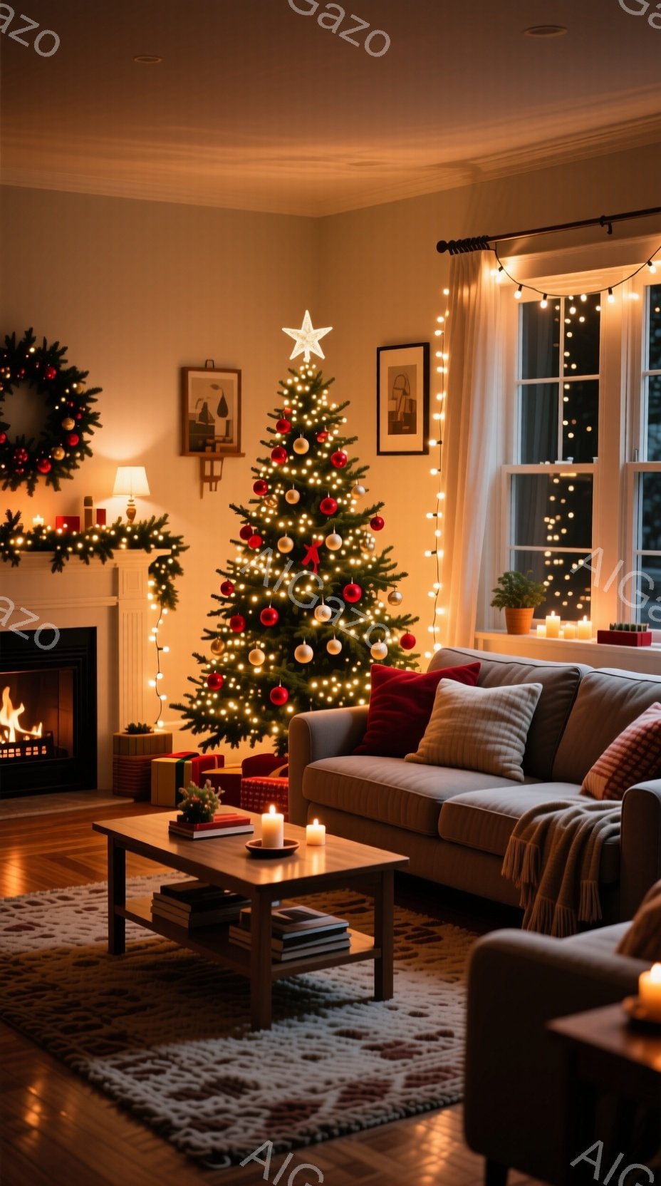 温かみのあるリビングルームには、オーナメントで飾られたクリスマスツリーが輝いています。暖炉の火とキャンドルの灯りが、部屋全体を優しく照らし、心地よい雰囲気を醸し出しています。窓の外は暗く、ツリーと暖炉の明かりが部屋の温かさを際立たせています。