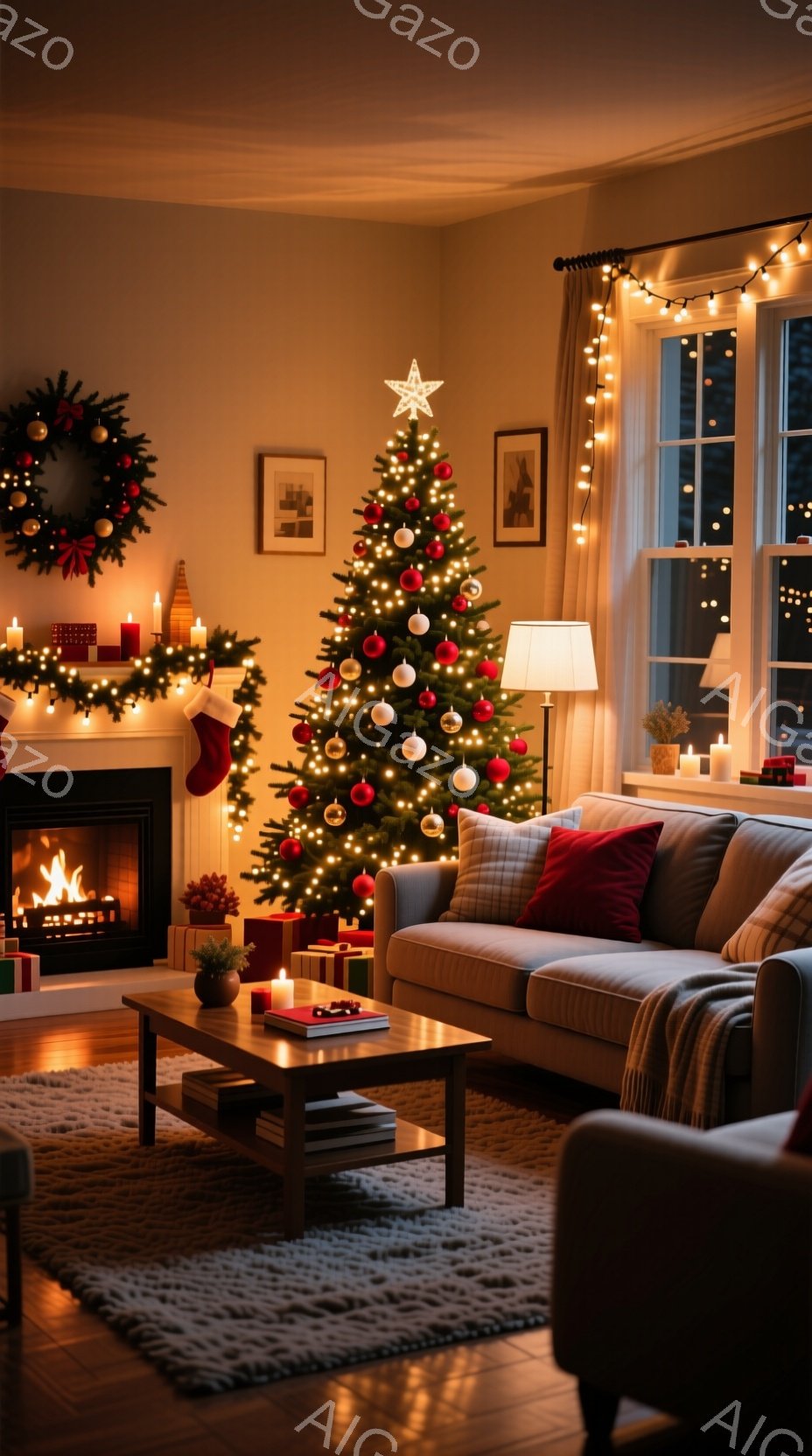 クリスマスツリーが暖炉とソファのあるリビングの中央に飾られています。暖炉には赤い靴下やプレゼントが置かれ、部屋全体がキャンドルの光で温かく照らされています。窓の外は暗く、遠くの家々の明かりがちらちらと見え、クリスマスの静かで心地よい雰囲気が漂っています。