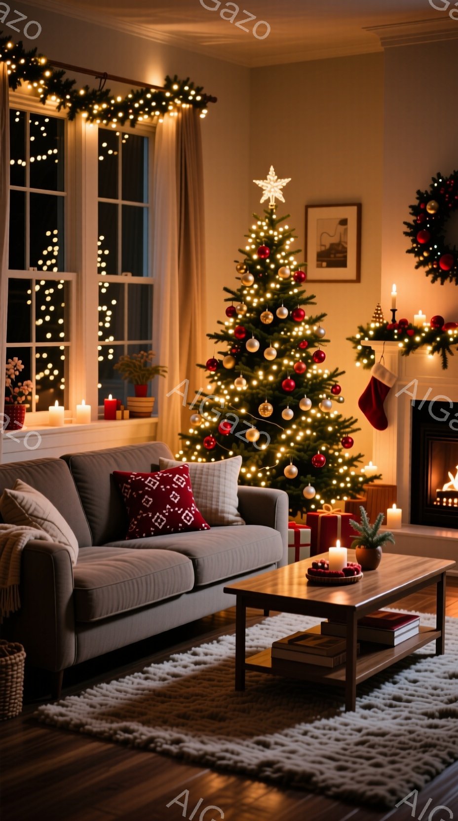 居心地の良いリビングルームで、クリスマスツリーが暖かく光を放っている。暖炉のそばにはプレゼントボックスが置かれ、窓辺にはクリスマスデコレーションが施されている。全体的に、温かく、居心地の良い、クリスマスの雰囲気が漂う空間である。