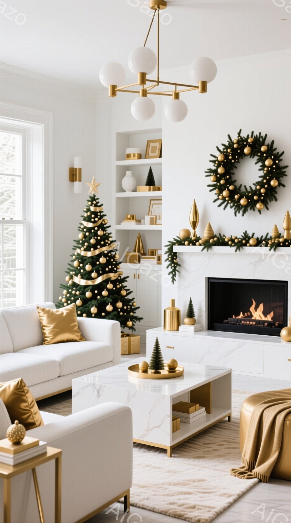 白を基調としたリビングルームには、クリスマスツリーと暖炉が暖かく輝き、豪華なホリデーシーズンを演出しています。白とゴールドの家具が調和し、落ち着いた雰囲気の中で、クリスマスオーナメントがアクセントとして上品に飾られています。全体的に洗練されたモダンなインテリアで、温かく迎え入れるような雰囲気が漂っています。