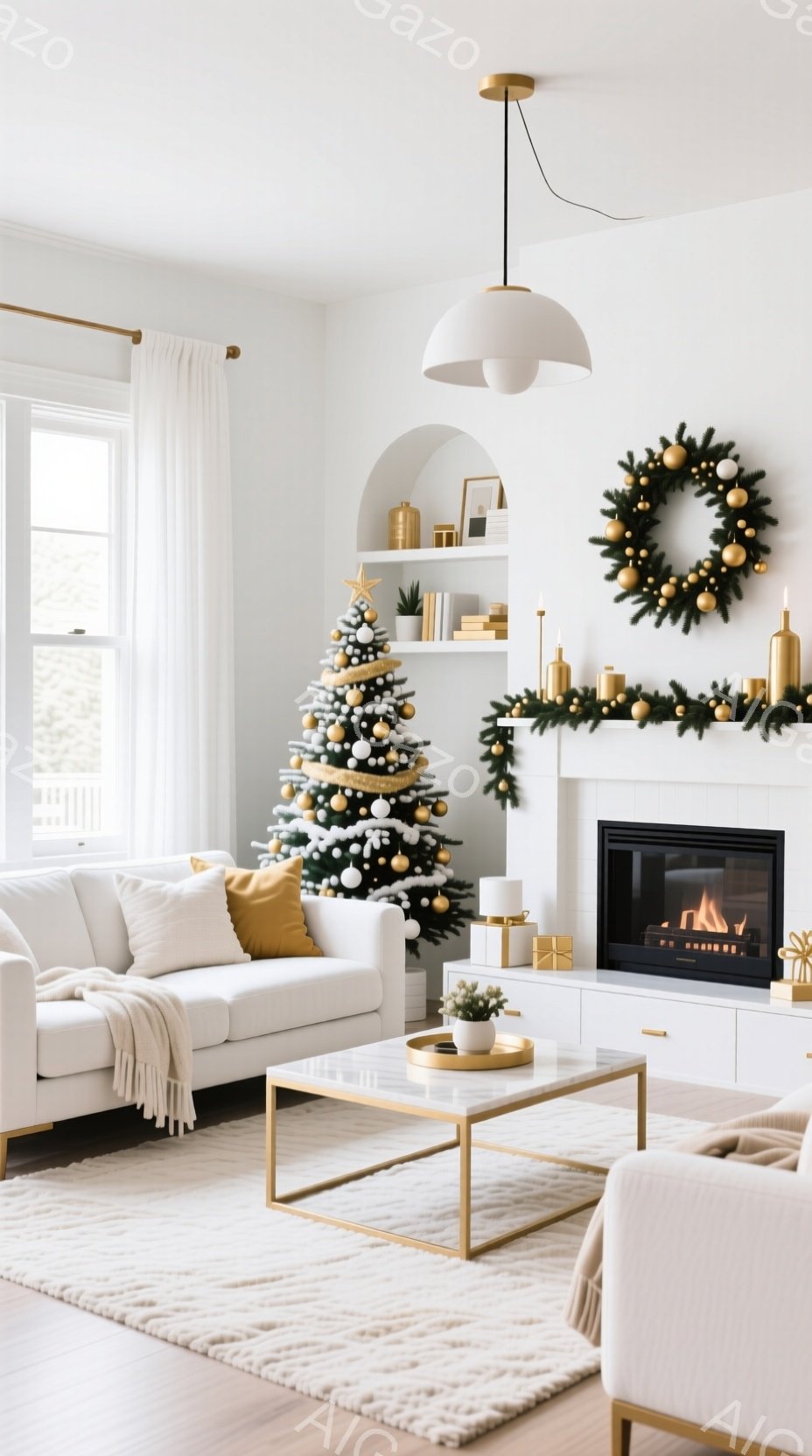 白を基調としたリビングルームには、オーナメントで飾られたクリスマスツリーと、暖炉の上に飾られたクリスマスリースが暖かな雰囲気を演出しています。 白いソファには、金色のクッションがアクセントとして置かれ、全体的に上品で落ち着いた空間が広がっています。 明るい光が差し込み、壁に飾られた絵画や、白いラグが、洗練された空間をより一層引き立てています。