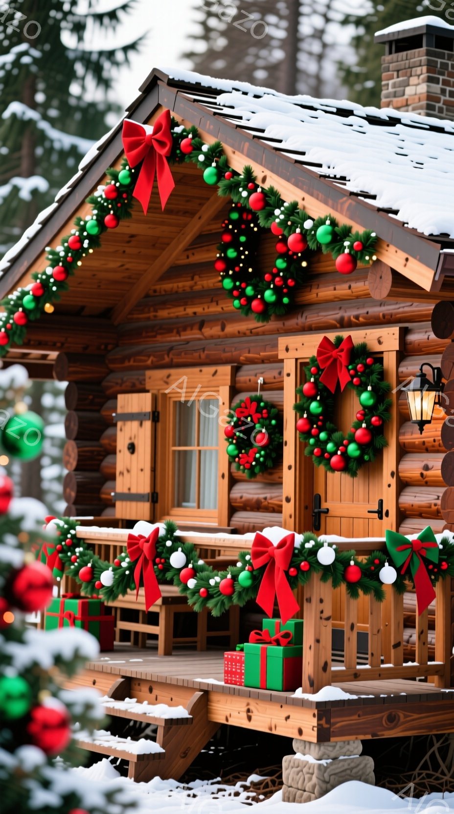 暖炉付きの可愛らしい丸太小屋が雪景色の中にあります。正面玄関とバルコニーには、赤いリボンと装飾が施された緑のガーランドが飾られ、プレゼントボックスが置かれています。雪が降り積もり、クリスマスの温かく、お祝いの雰囲気が漂っています。
