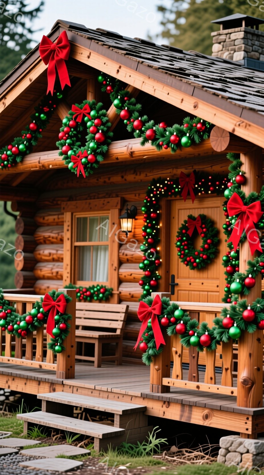 ログハウスがクリスマス装飾で飾られています。正面玄関とバルコニーの手すりには、赤いリボンと赤い飾り付きの緑のガーランドが飾られ、温かくお祝いの雰囲気を醸し出しています。背景には緑の芝生と木々が見え、穏やかで平和な冬の景色が広がっています。