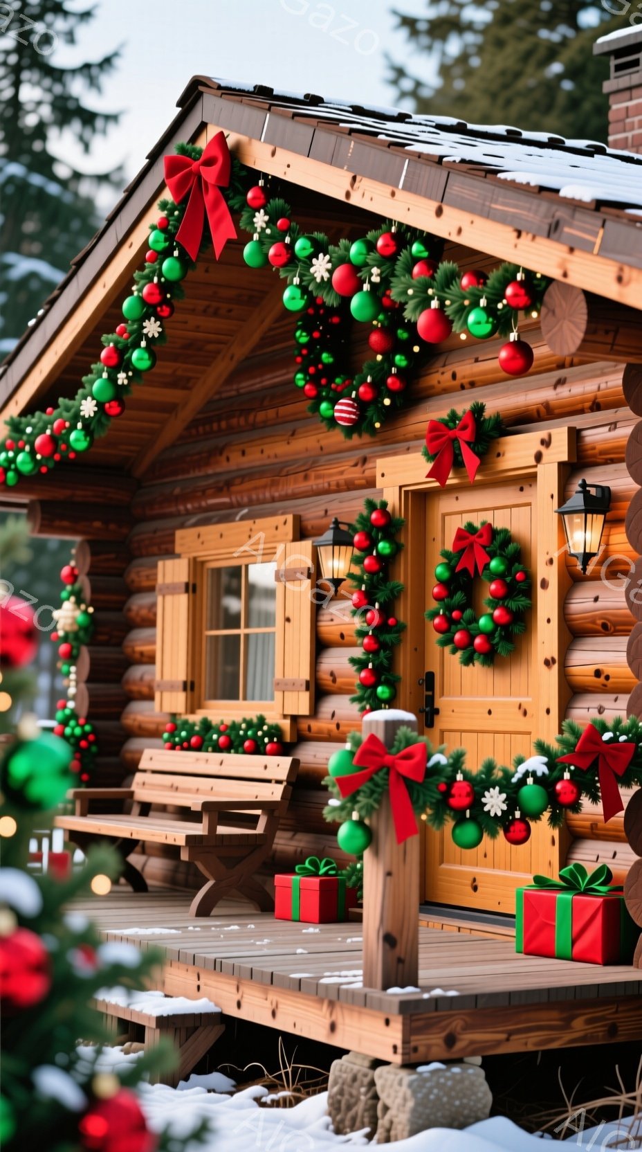 雪が積もった丸太小屋の玄関は、クリスマス飾りに彩られています。正面玄関と窓は、赤いリボンとオーナメントで飾られたクリスマスリースとガーランドで覆われ、下には赤いプレゼントボックスが置かれています。暖かく、お祝いの雰囲気で、冬のホリデーシーズンを象徴する光景です。