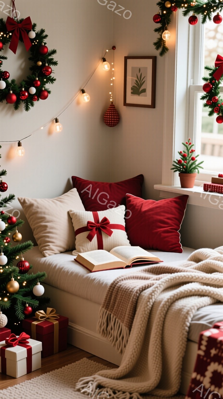窓辺のくぼみに白いクッションと赤いベルベットのクッションが置かれ、開いた本が乗せられています。クリスマスツリーやプレゼントボックス、そして壁に飾られたクリスマスリースが暖かく、心地よい雰囲気を醸し出しています。白いニットのブランケットがクッションにかけられ、冬の温もりを感じさせる室内空間です。
