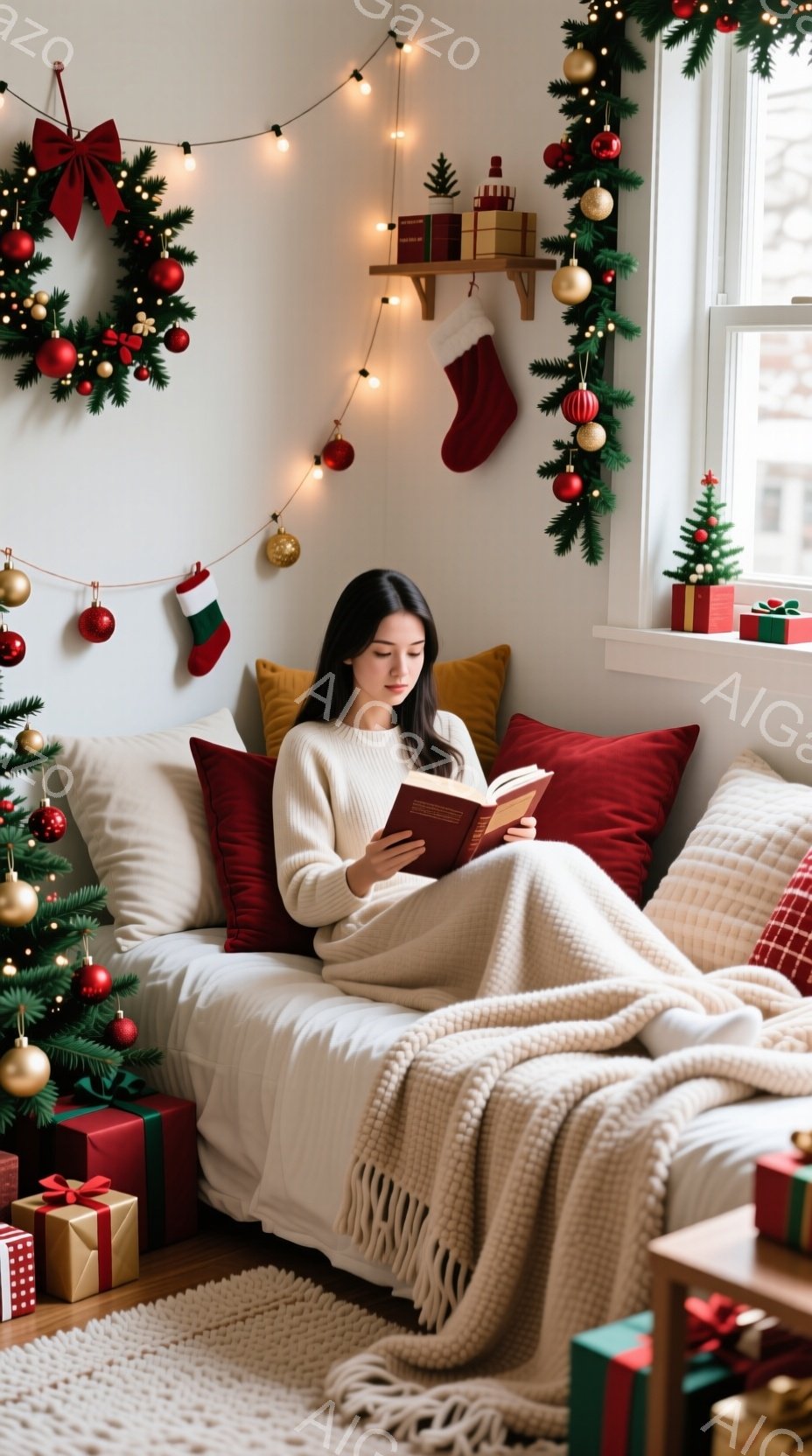 暖炉のある部屋で、女性がベッドにもたれて本を読んでいます。彼女は白いセーターを着ており、長い黒髪をしています。背景にはクリスマスツリー、ギフトボックス、ガーランドが飾られ、暖かく居心地の良いクリスマスの雰囲気を作り出しています。
