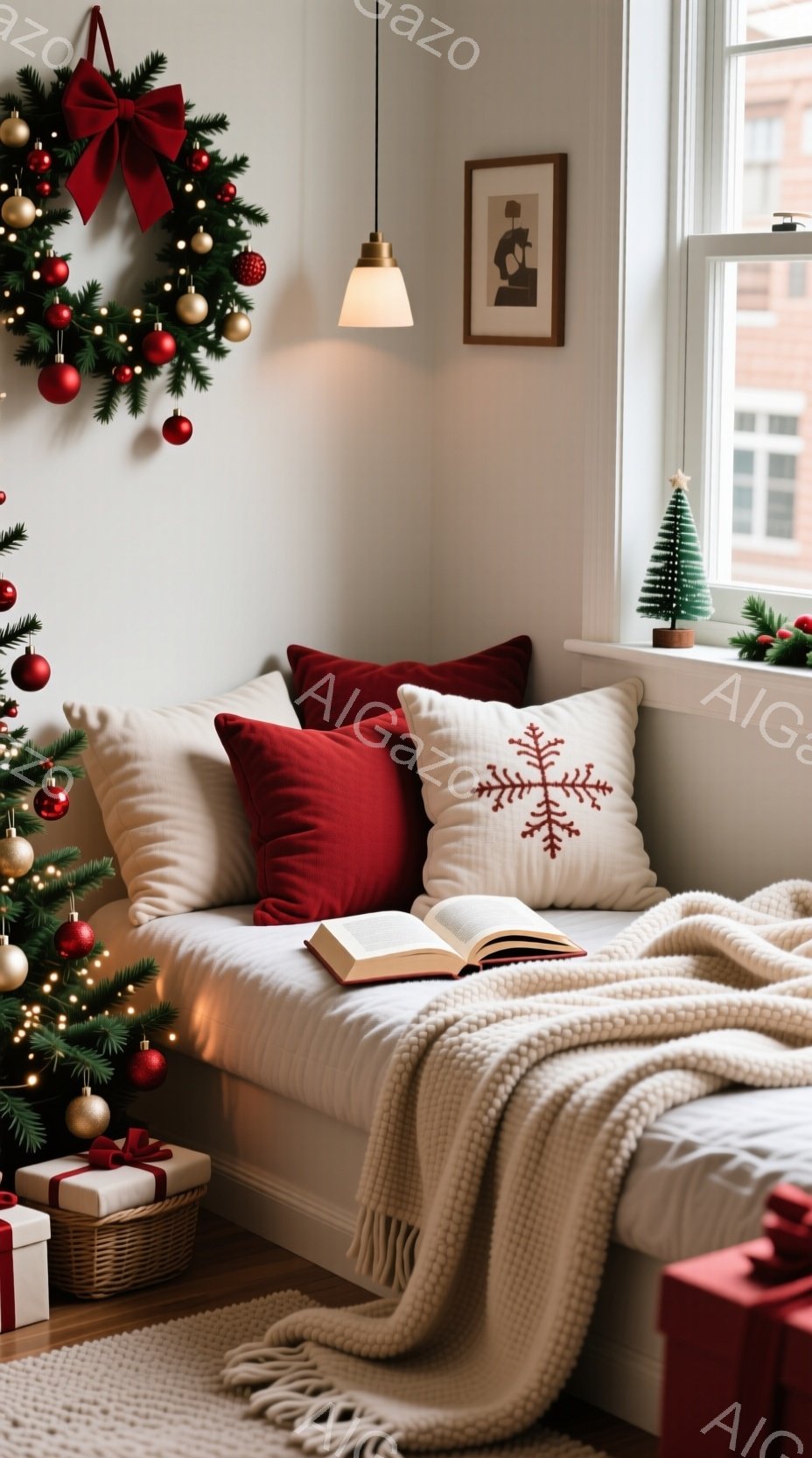 居心地の良いリビングルームの一角で、白いソファに赤と白のクリスマス柄のクッションが置かれ、開いた本が上にあります。暖炉の代わりにクリスマスツリーと飾り付けが置かれ、柔らかい光が室内を照らしています。全体的に、温かく、居心地の良い、クリスマスの雰囲気を感じさせる空間です。
