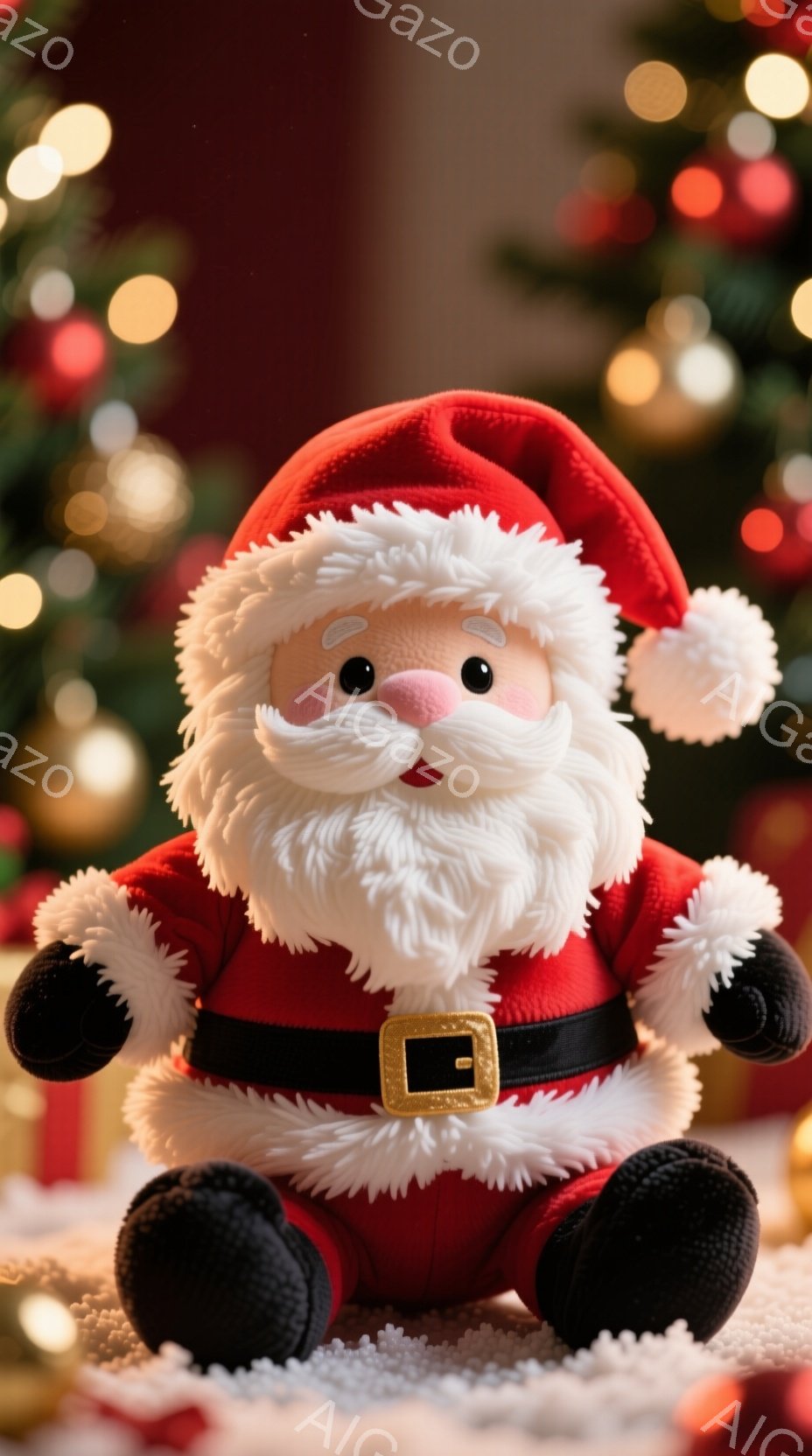 ふわふわの毛並みのサンタクロースの人形が、赤い衣装と白い縁取りの帽子を身につけて座っています。 優しい笑顔と丸い頬が特徴で、黒い手袋とブーツを履いています。 背景にはぼやけたクリスマスツリーの明かりが散りばめられ、温かく幸せな雰囲気を醸し出しています。