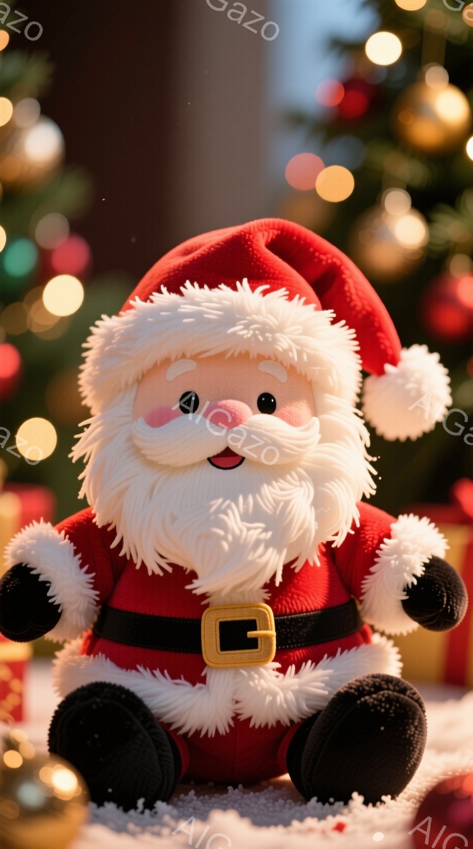 ふわふわの白い髭と赤い帽子をかぶったサンタクロースの人形が、白い雪の上に座っています。つぶらな瞳とほほえましい表情で、温かい雰囲気を醸し出しています。背景にはぼやけた光が輝き、クリスマスの喜びを表現しています。