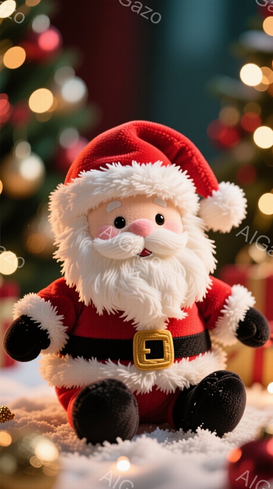 ふわふわの赤いサンタクロースの人形が写っています。白いふわふわの髭と頭髪を持ち、黒い靴とベルトで赤い服を着ています。背景にはぼやけた光のぼかしがあり、全体的に暖かく、お祝いの雰囲気が漂っています。