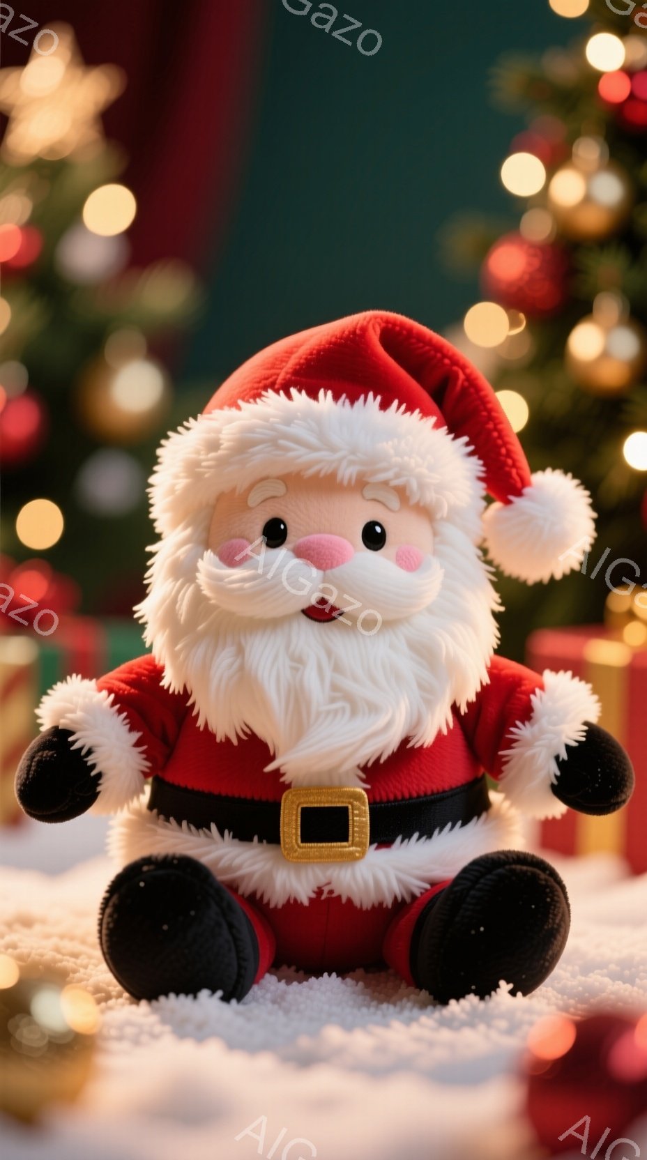 ふわふわのサンタクロースのぬいぐるみは、赤い衣装と白い毛皮の縁取りが特徴的で、黒い手袋と靴を履いています。穏やかな笑顔と優しい表情で、白いひげが印象的です。背景にはぼやけたクリスマスツリーの光があり、全体的に暖かく、お祝いの雰囲気が漂っています。