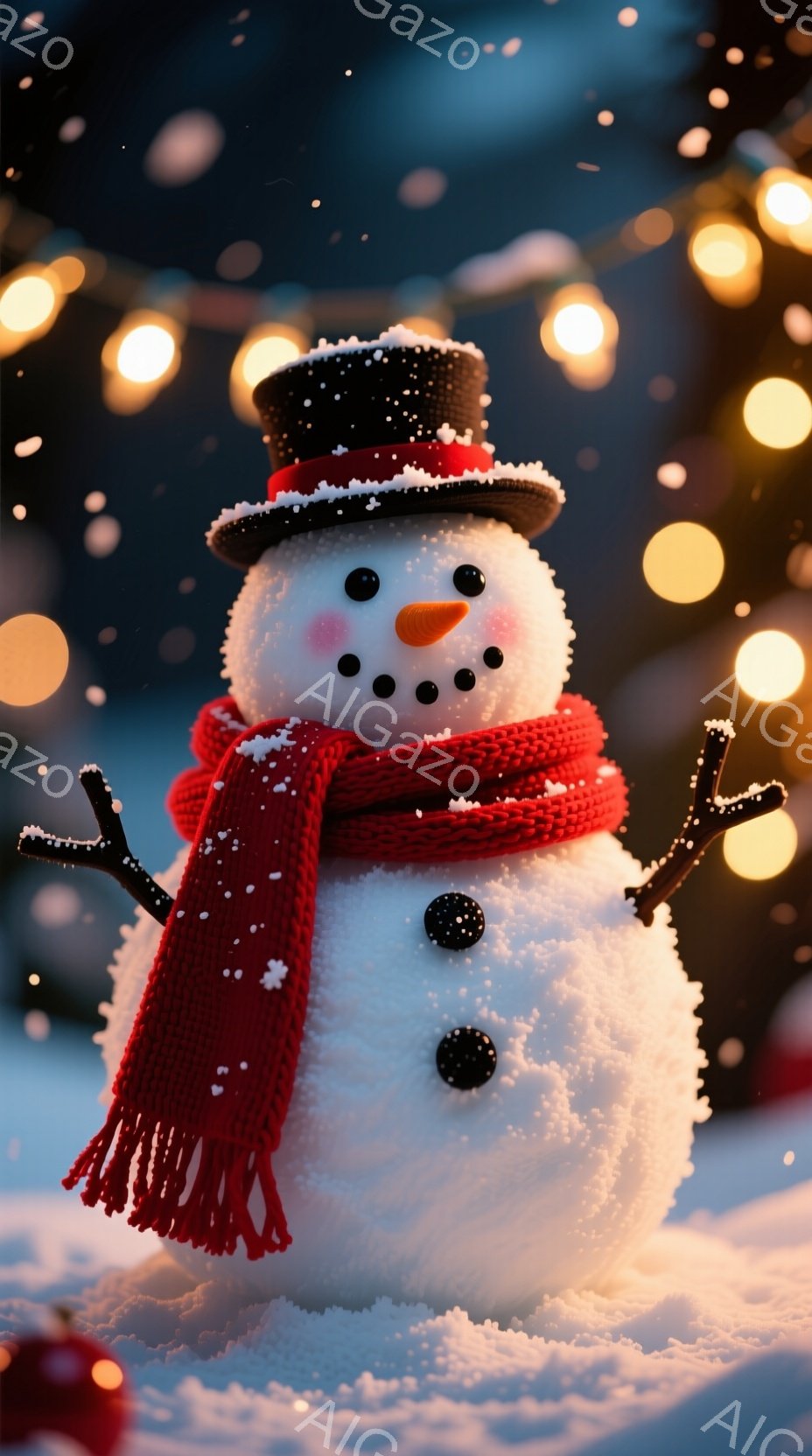 雪だるまが描かれており、頭には黒いシルクハット、首には赤い編み物のマフラーが巻かれています。目は石炭のような黒い丸、鼻はオレンジ色の小さな円錐形、口は黒い丸が並んだ笑顔で、可愛らしい表情をしています。背景は雪景色で、ぼやけた暖かい光が散りばめられており、冬の温かく幸せな雰囲気を醸し出しています。