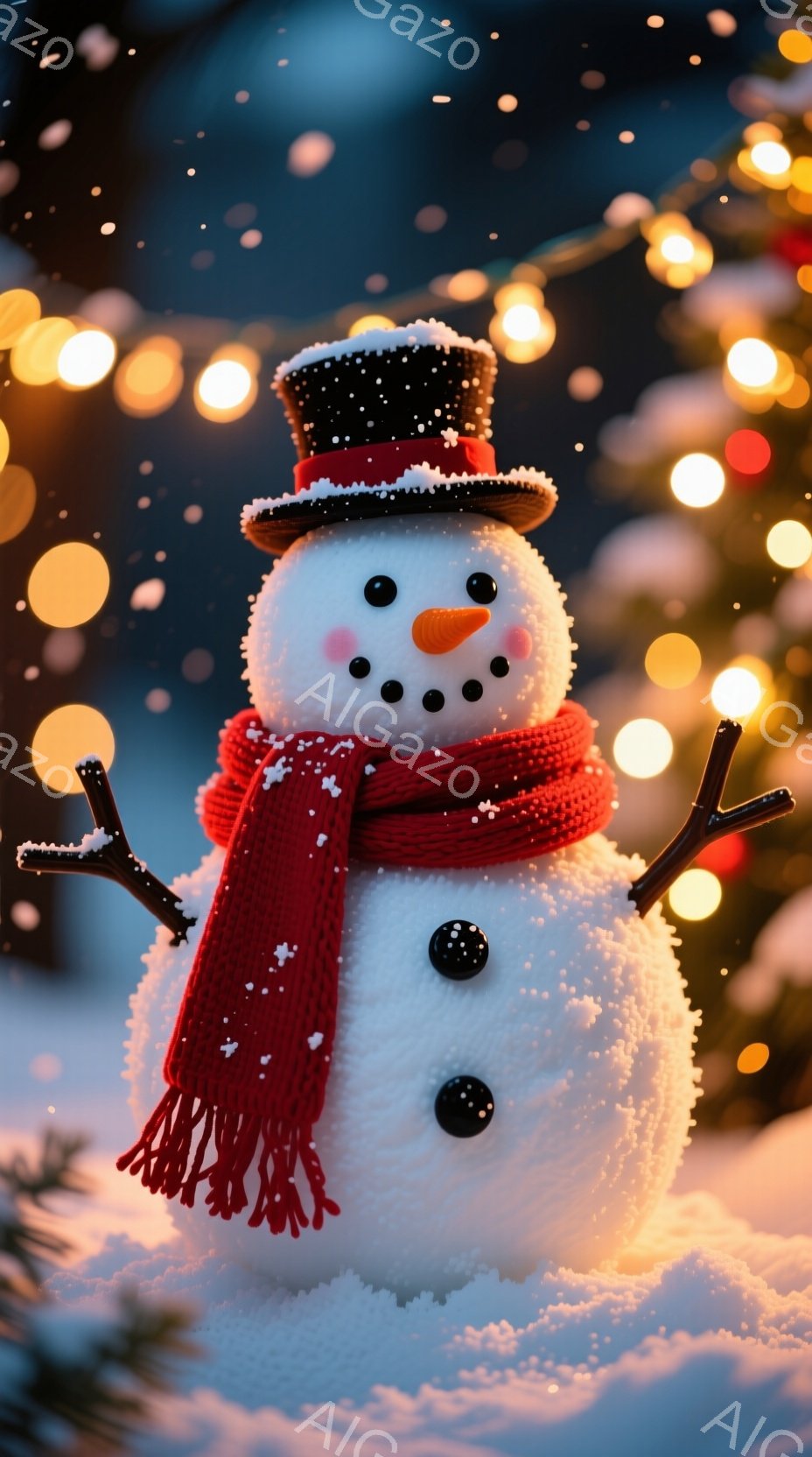 雪で作られた大きな雪だるまが、赤いマフラーと黒い帽子を身につけて立っている。目は石炭、鼻はニンジンでできており、優しげな微笑みを浮かべている。背景にはぼやけた光の粒と緑の木々があり、冬の暖かく幻想的な雰囲気を醸し出している。