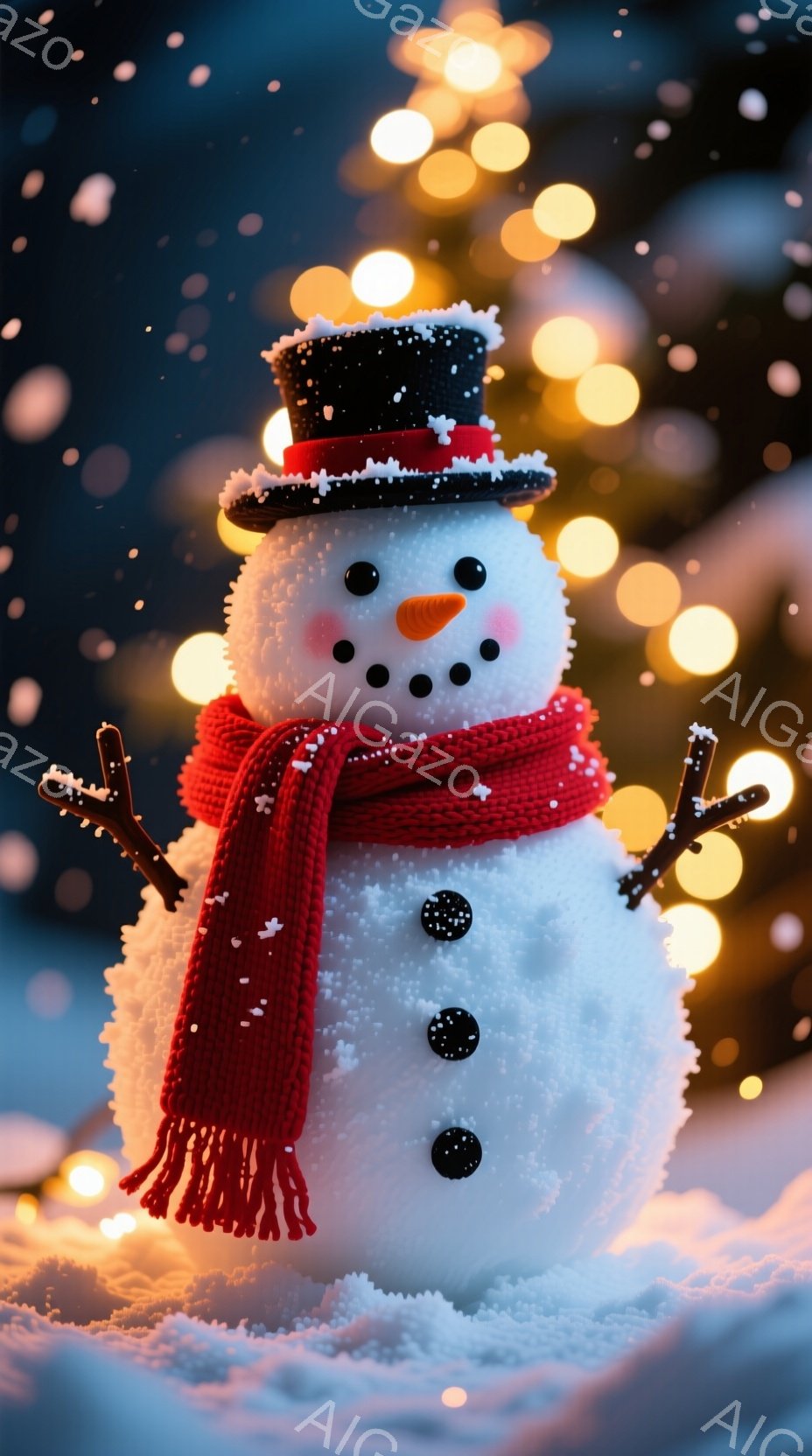 雪だるまが正面を向いて立っており、頭には黒いシルクハット、首には赤いマフラーを巻いています。炭でできた目、鼻、ボタンが可愛らしく、雪の上に立って両手に小さな枝を持っています。背景はぼかした光のぼやけで - AI生成フリー素材
