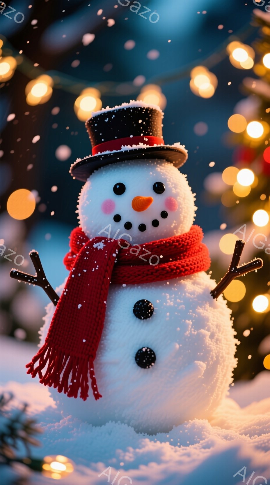 雪だるまは、大きな雪の塊から作られ、頭にはつばきの黒い帽子をかぶっています。赤いマフラーが首に巻かれ、枝が腕の代わりに使われています。背景にはぼやけた光が散りばめられ、雪景色の中で温かく、遊び心のある雰囲気を醸し出しています。