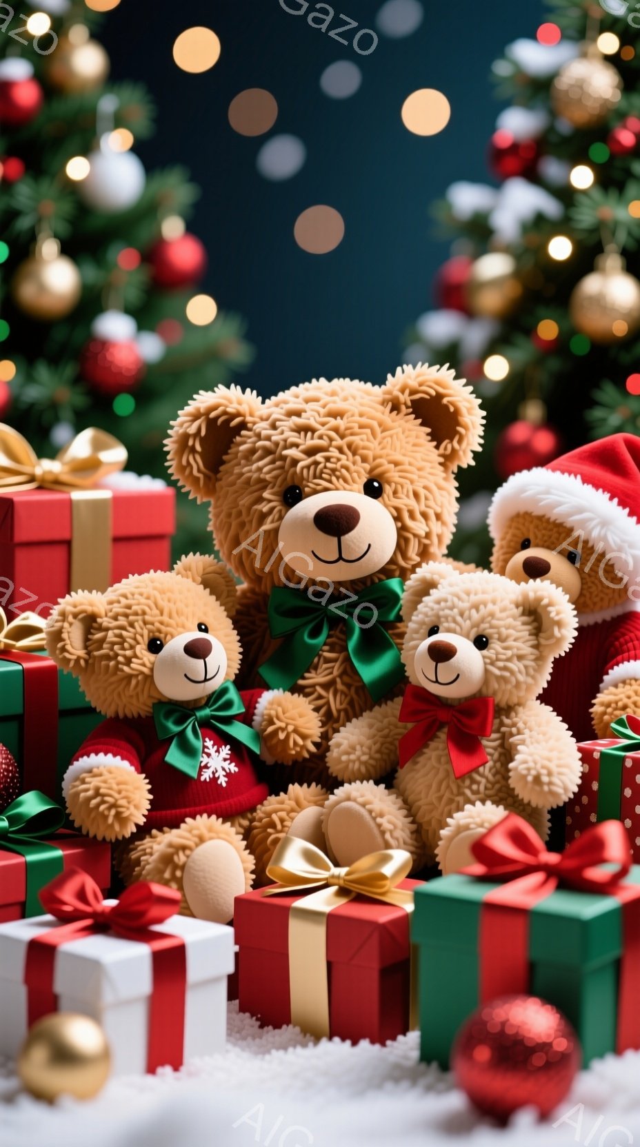 ふわふわのテディベアが、クリスマスプレゼントの山に囲まれて座っています。一部のベアは赤いセーターを着ており、緑のリボンや帽子を身に着けています。背景には、飾り付けられたクリスマスツリーと雪が舞う幻想的な光景が広がっており、暖かくお祝いムードが漂っています。