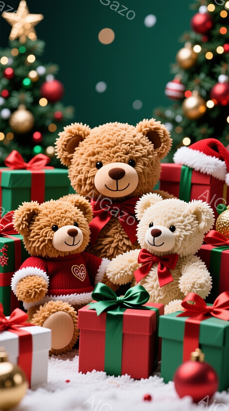 ふわふわのテディベアたちが、クリスマスプレゼントの箱の上に座ってこちらを見ています。赤いセーターを着たクマ、赤いリボンとセーターを着たクマ、そして緑のリボンをつけたクマがいて、それぞれ愛らしい表情をしています。背景には、飾られたクリスマスツリーとキラキラと輝くオーナメントがあり、雪が降る暖かく祝祭的な雰囲気を醸し出しています。
