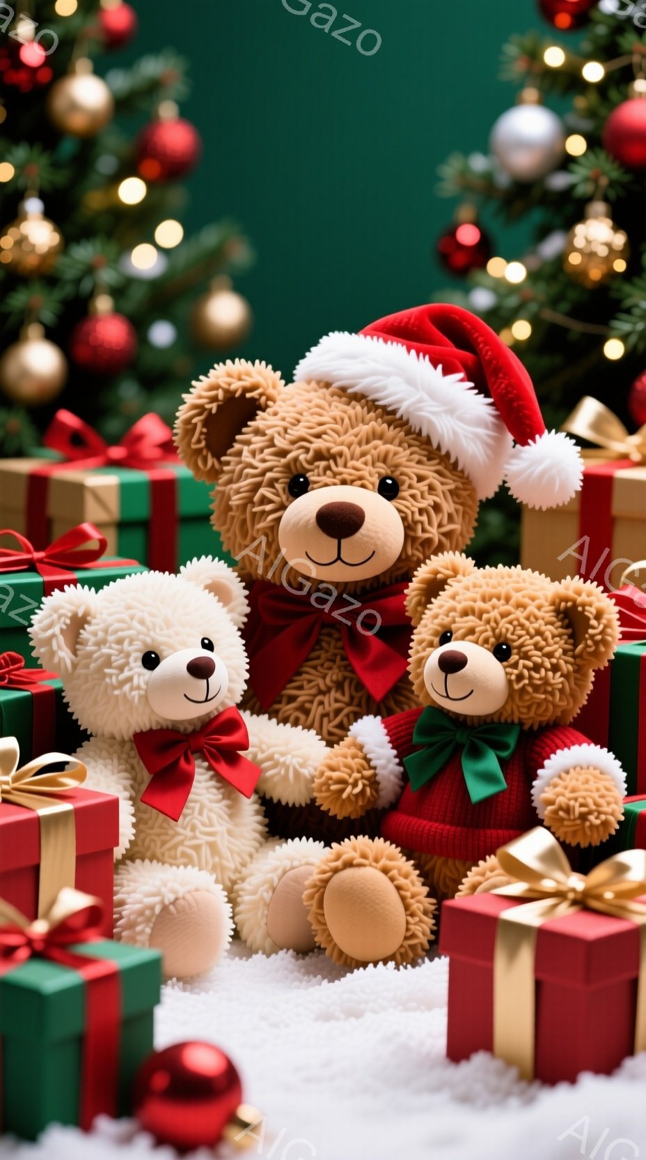 3匹のテディベアが、クリスマスプレゼントの箱に囲まれて座っています。一番大きなクマは赤いサンタの帽子とマフラーを身につけ、他の2匹はそれぞれ赤いリボンと緑のリボンをつけています。背景には緑色のクリスマスツリーと、雪が降る様子が描かれ、暖かくお祝いムードに満ちた雰囲気です。