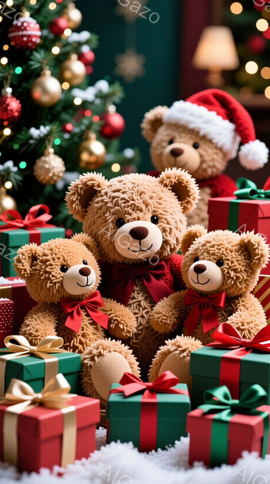 暖炉のそばのクリスマスツリーを背景に、赤いリボンを付けた三匹のテディベアがプレゼントの山に囲まれて座っています。一番上のクマはサンタの帽子をかぶっており、それぞれ微笑みを浮かべていて、幸せな雰囲気が漂っています。背景には緑と赤のプレゼントボックスが積み重なっており、雪がちらついている様子が、暖かく、お祝いムードを盛り上げています。